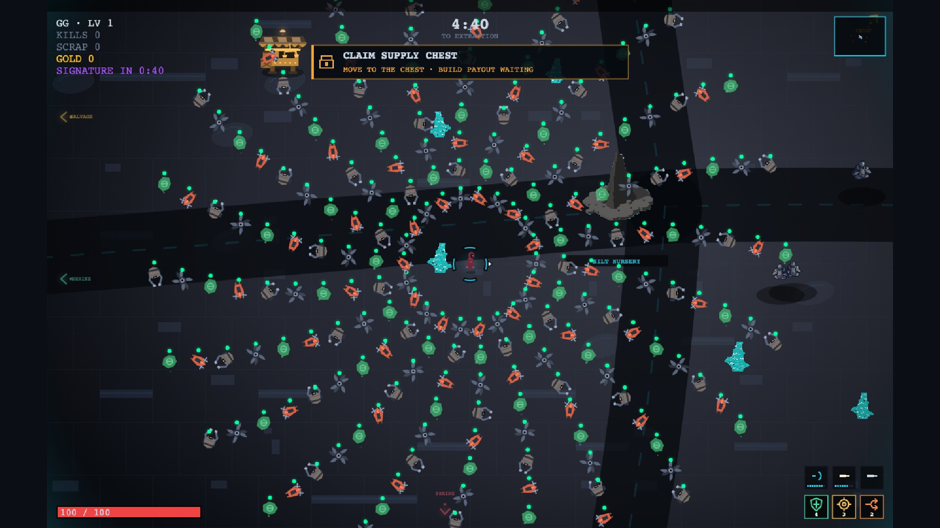 An operator fights a dense field of feral machines in CyberSprawl: Survivors