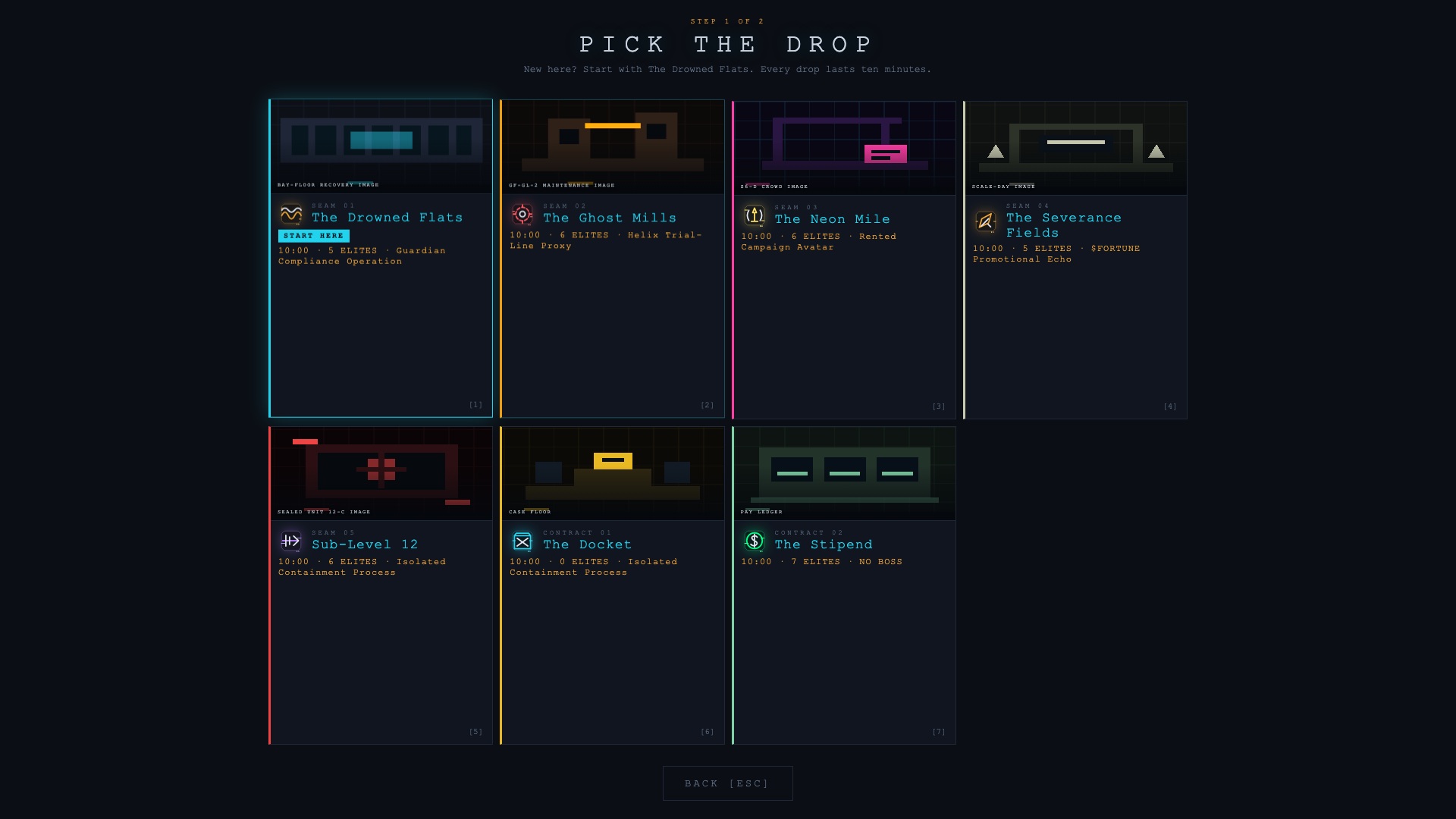 The seven-mission selection screen in CyberSprawl: Survivors