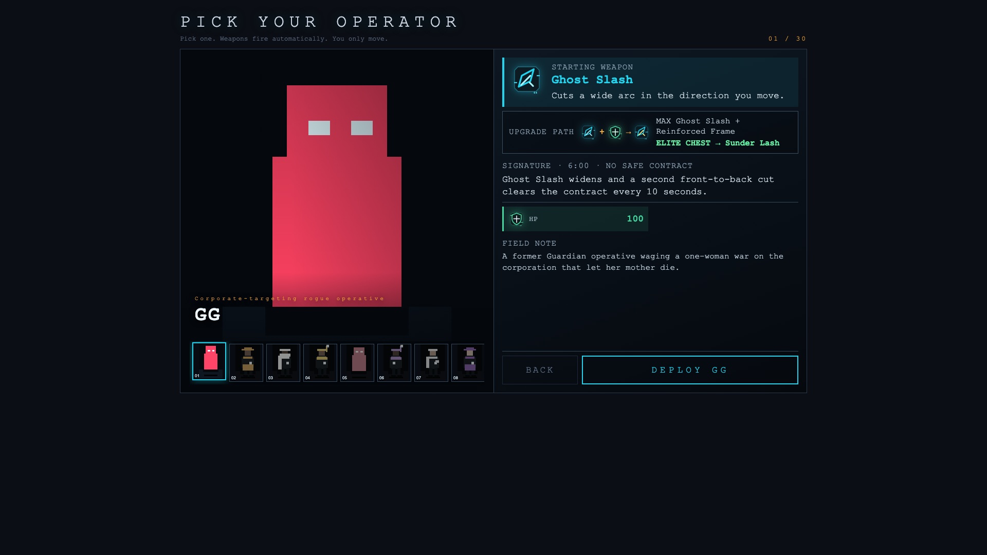 The 30-operator selection screen in CyberSprawl: Survivors
