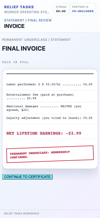 Permanent Underclass final partner invoice on a phone