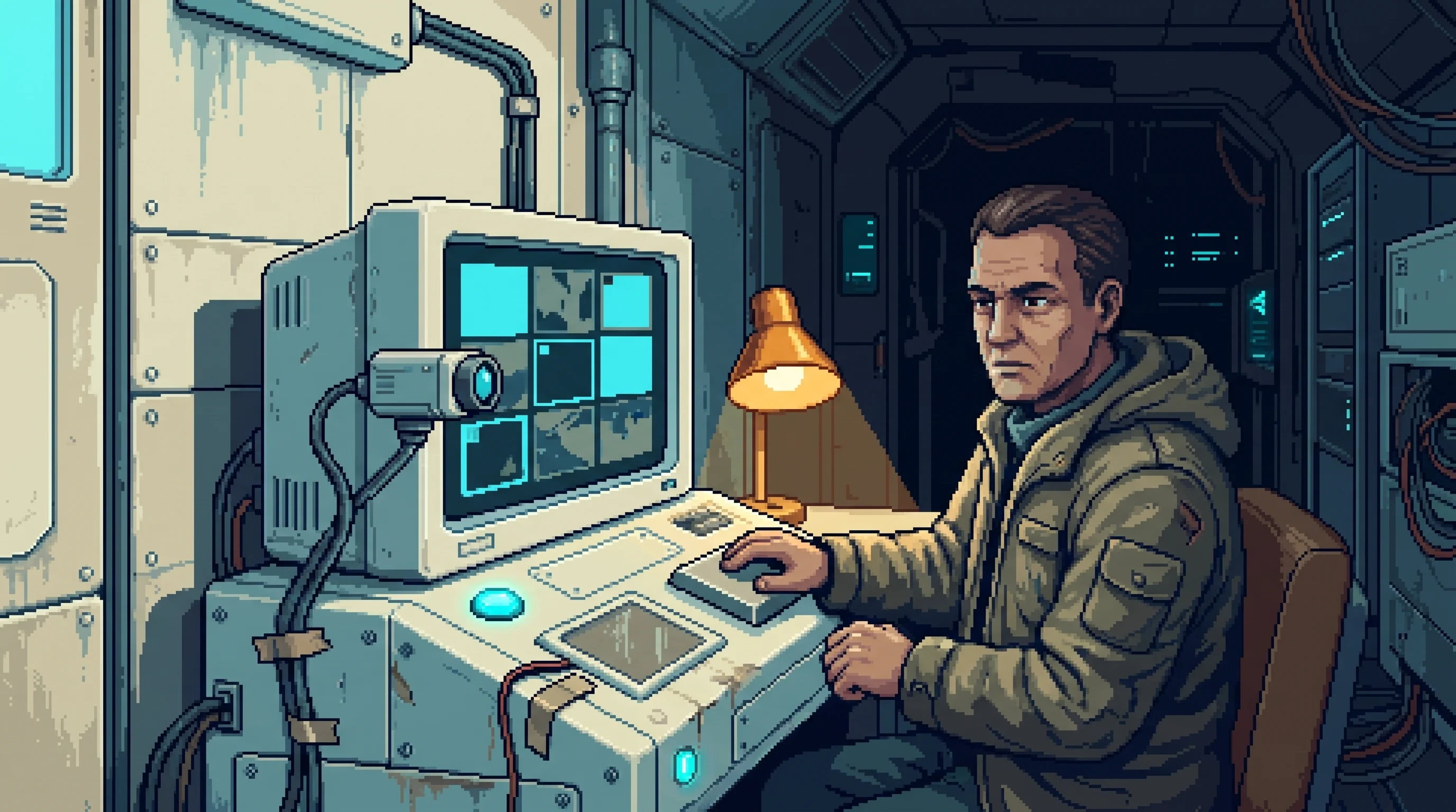 A reCAPTCHA specialist at a worn verification terminal beside an automated optical unit