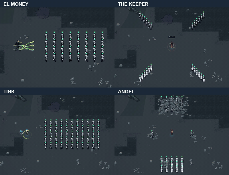 Keeper charges four chains, Tink spreads infection, and Angel hits enemies approaching from both sides.
