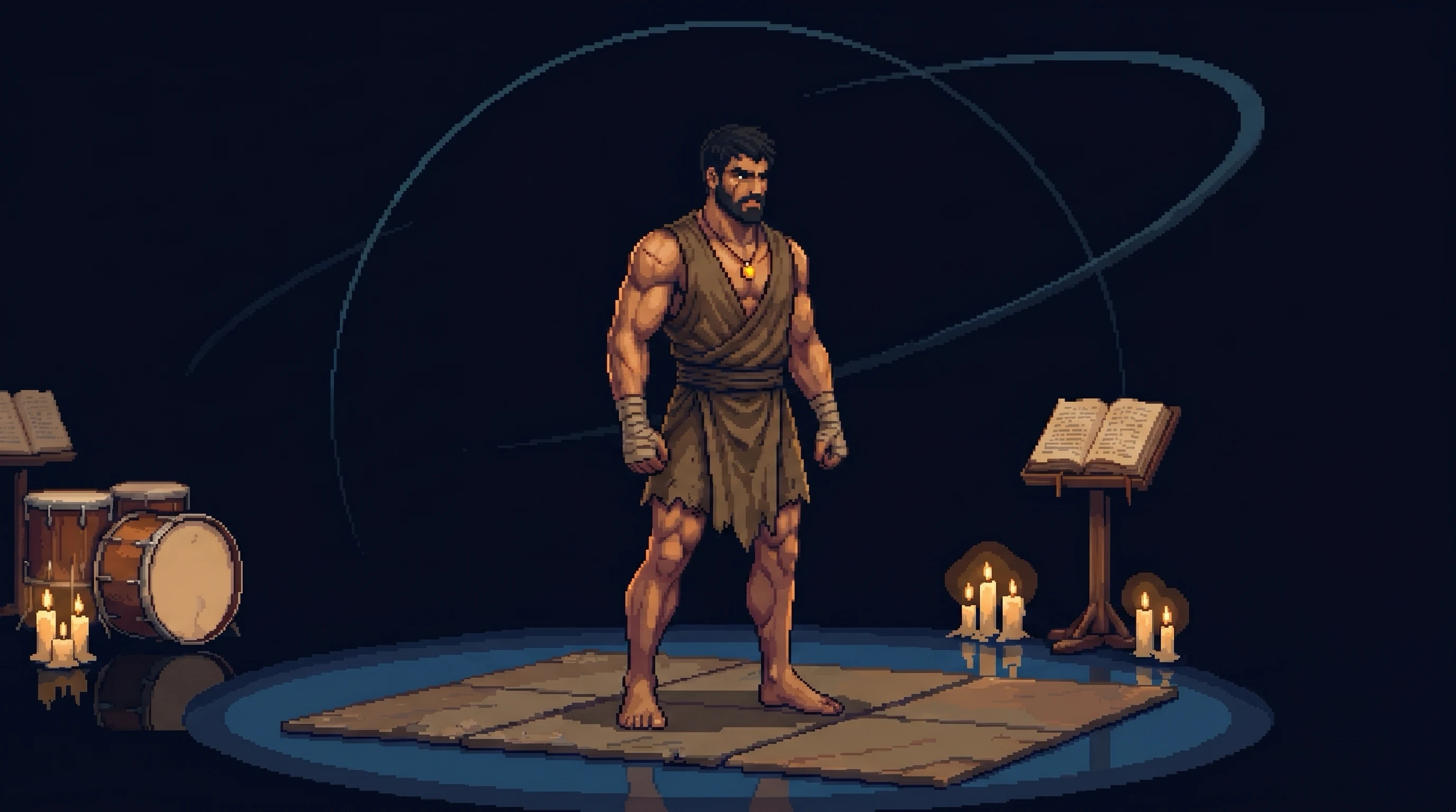Angel, a young, herculean Greek/Mediterranean martial protector, his father's pendant catching gold light against the abyssal-navy void of his Sanctuary
