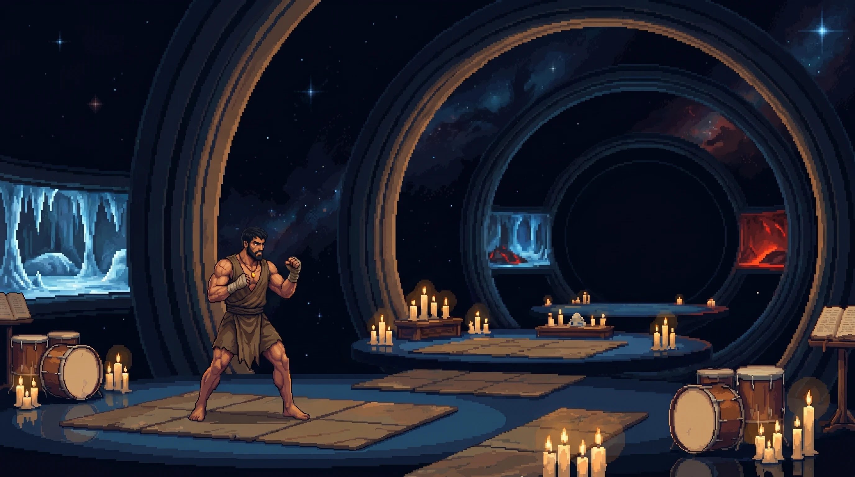 The Sanctuary — a dimensional training space of gravity rings, environmental chambers, drums and worn mats, Angel small for scale