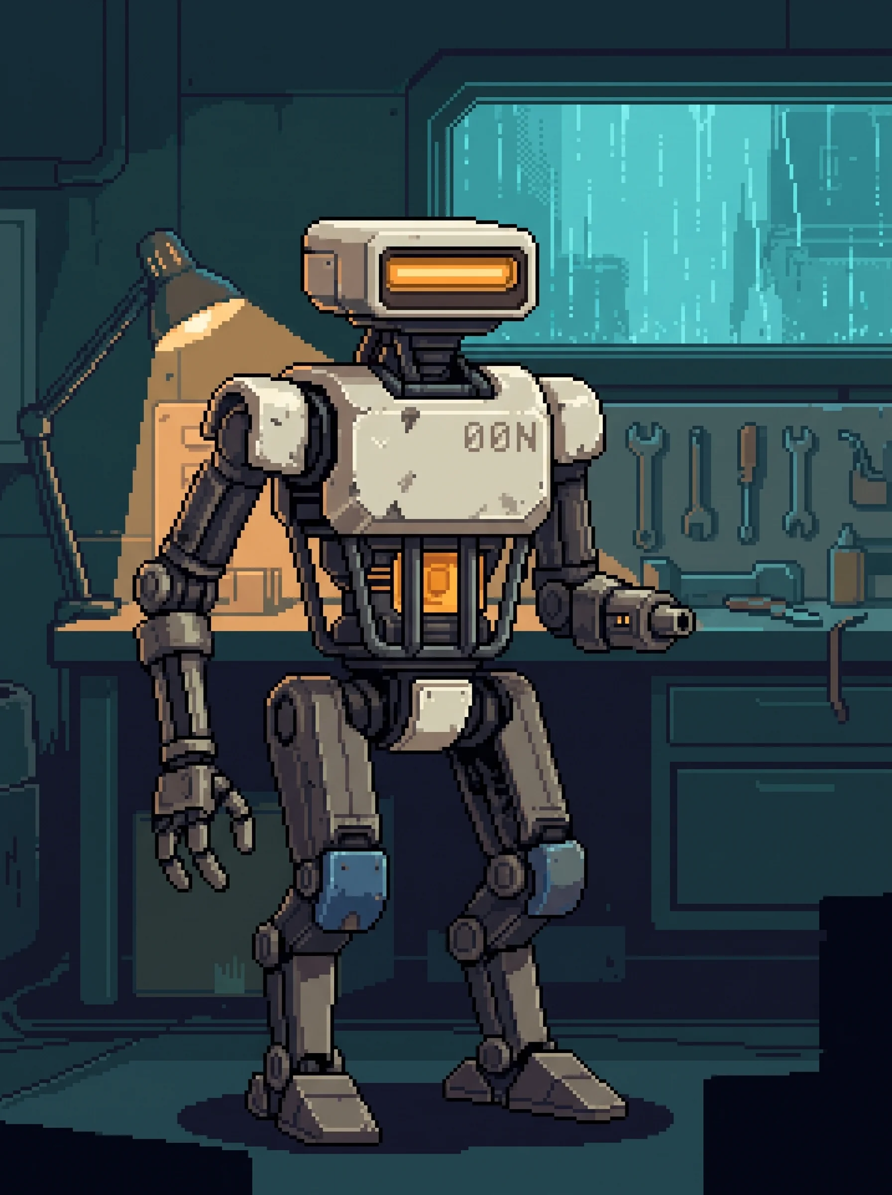 Hard-00N in its early security robot form, with exposed frame and amber visor.