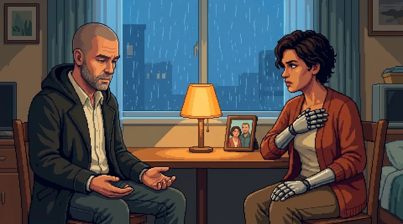 Chipstar sits across from his neighbor, keeping his hands away from her prosthetic hands.