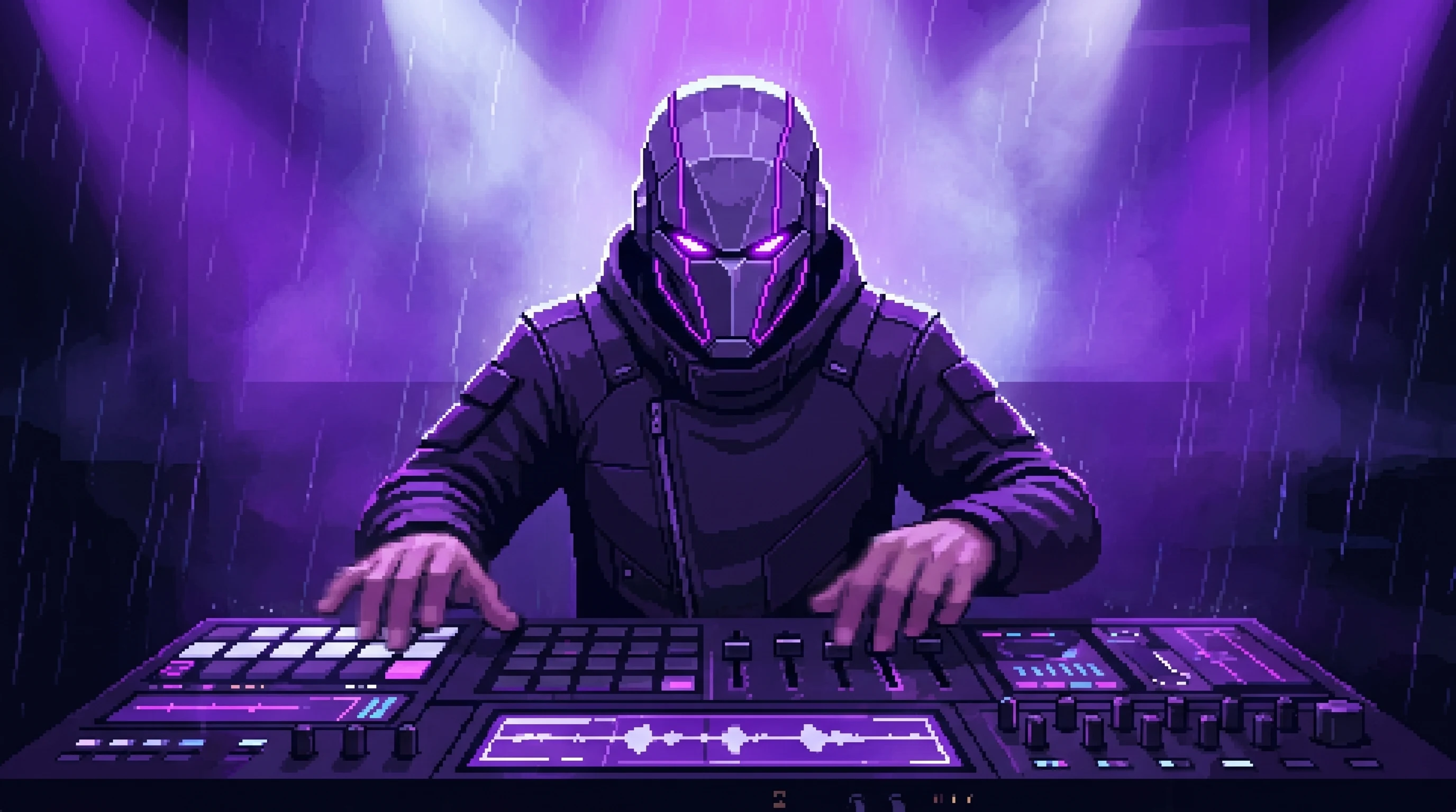 CyberMaster mid-set, hands flying across the cyberdeck, hologram light blooming behind him