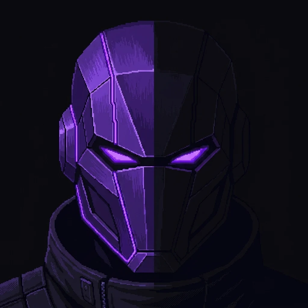 Close-up of CyberMaster's angular faceted helmet, deep electric purple EL-wire on the lit panels