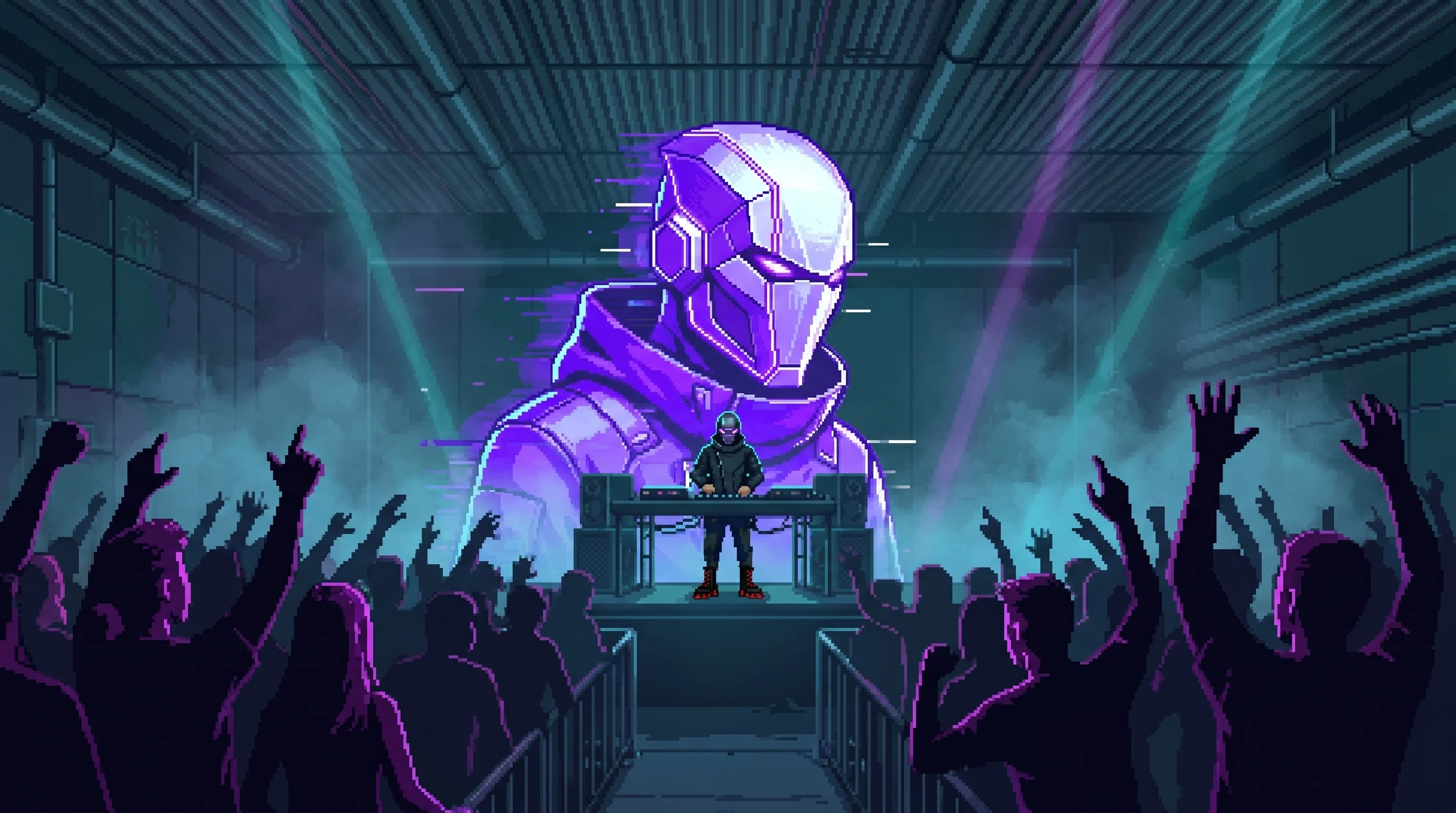 CyberMaster mid-set: the crowd, the masked DJ at the booth, and a 30-foot hologram of him looming behind