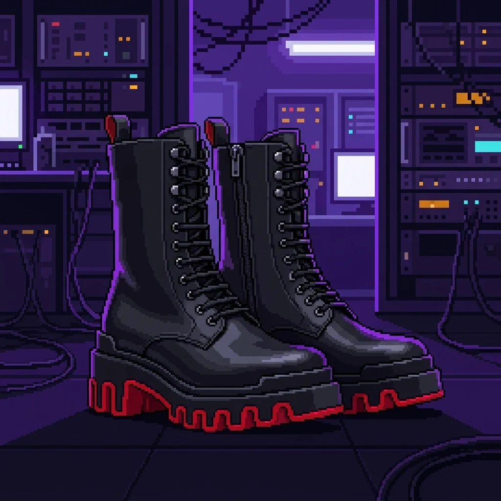 CyberMaster's Christian Louboutin combat boots, the red lugged sole the only warm color in frame