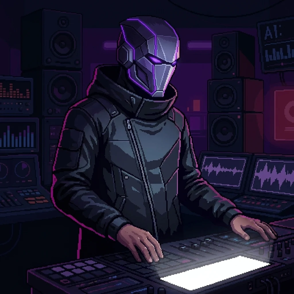 CyberMaster alone in the Fortress studio at 4 AM, screen-lit, hands on the cyberdeck