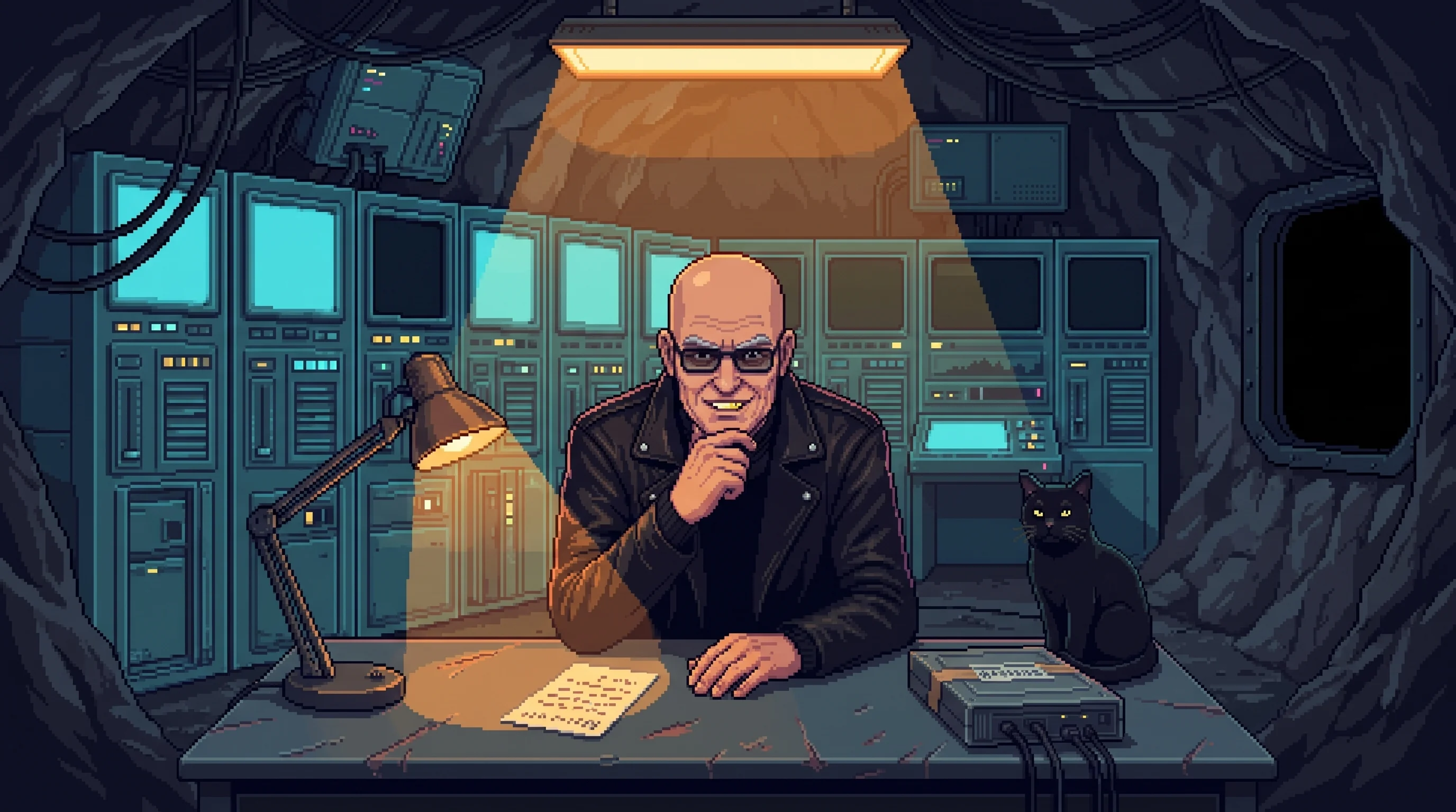 Environment anchor — Bob and Dixon remain in one amber pool while the archive servers and distant relay towers fail around them.