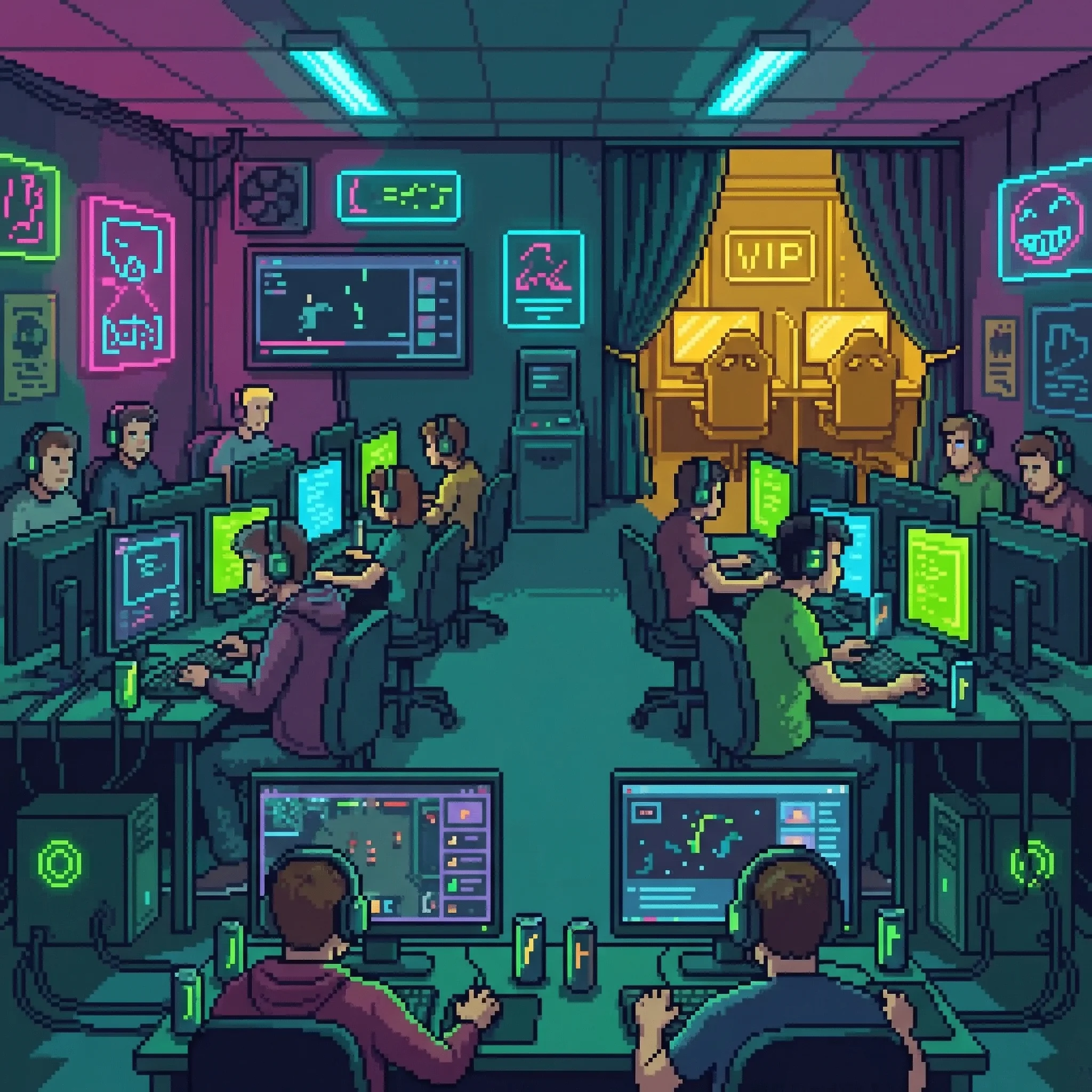 G Nook interior — rows of gaming stations, CRT green-blue glow, the source of every Mystery Box