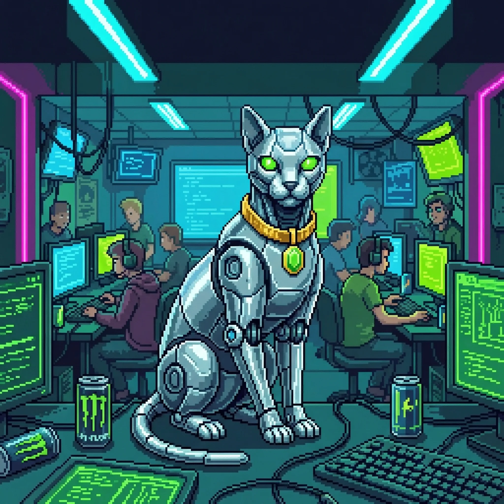 Ice — chrome cyber cat with green eyes and a gold collar, watching the G Nook floor