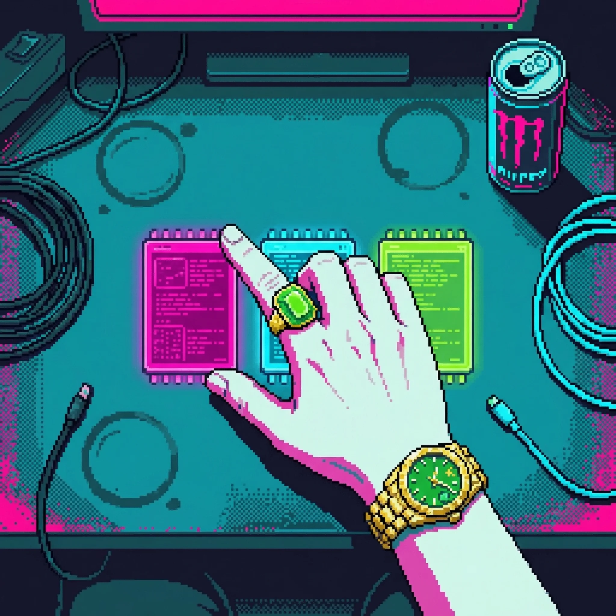 El Money's ringed hands sorting data chips — emerald ring, gold Rolex, physical media