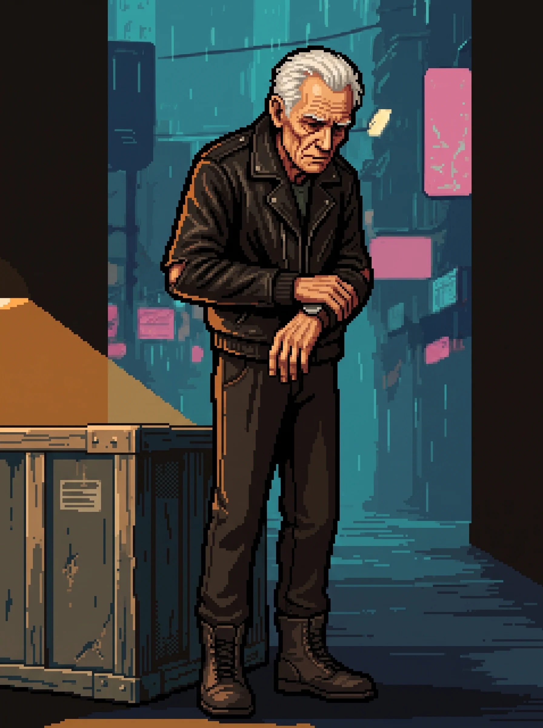 Ford's two-metre, stooped silhouette and worn black flight jacket beside a waystation crate.