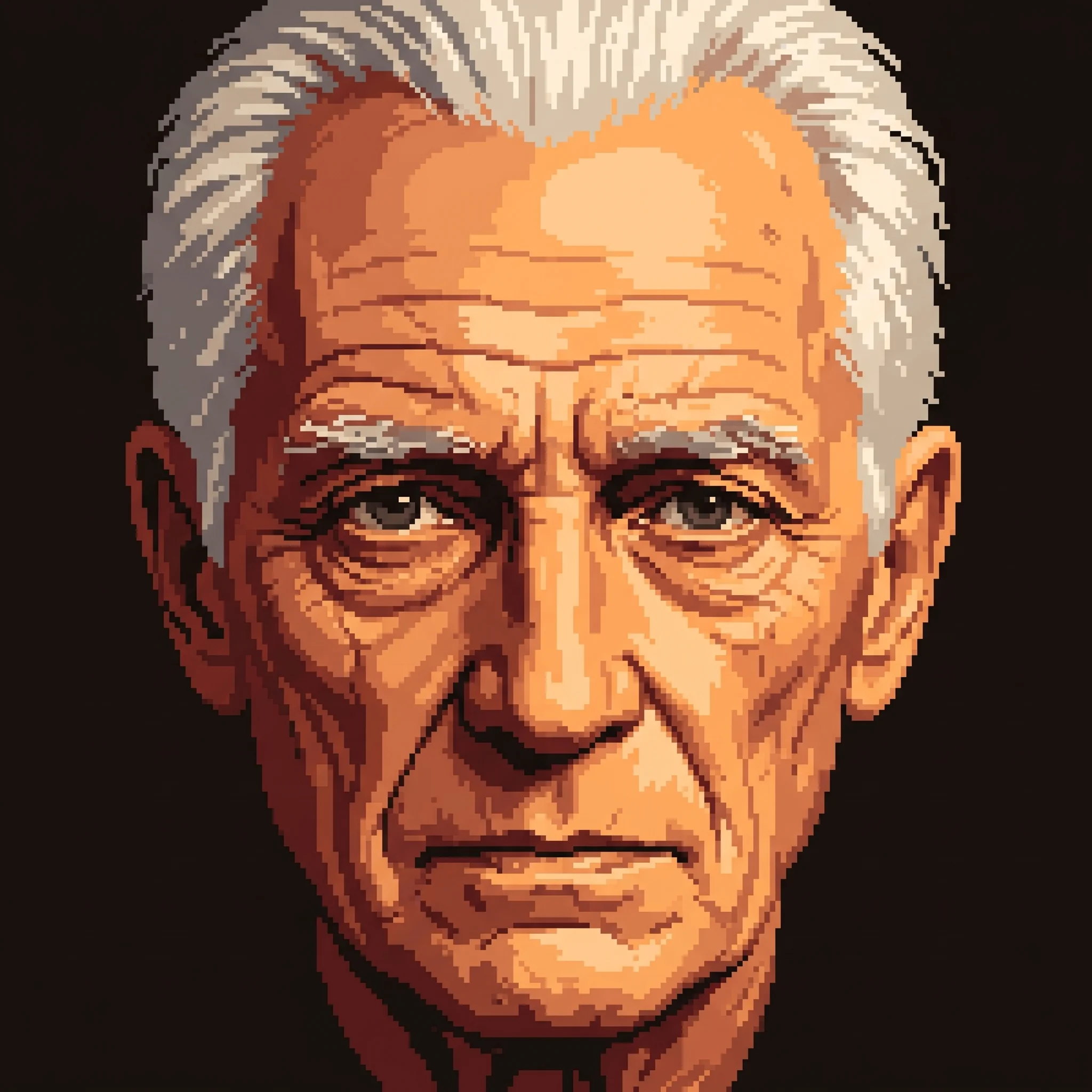 A close study of Ford's deeply weathered face against an unlit waystation wall.