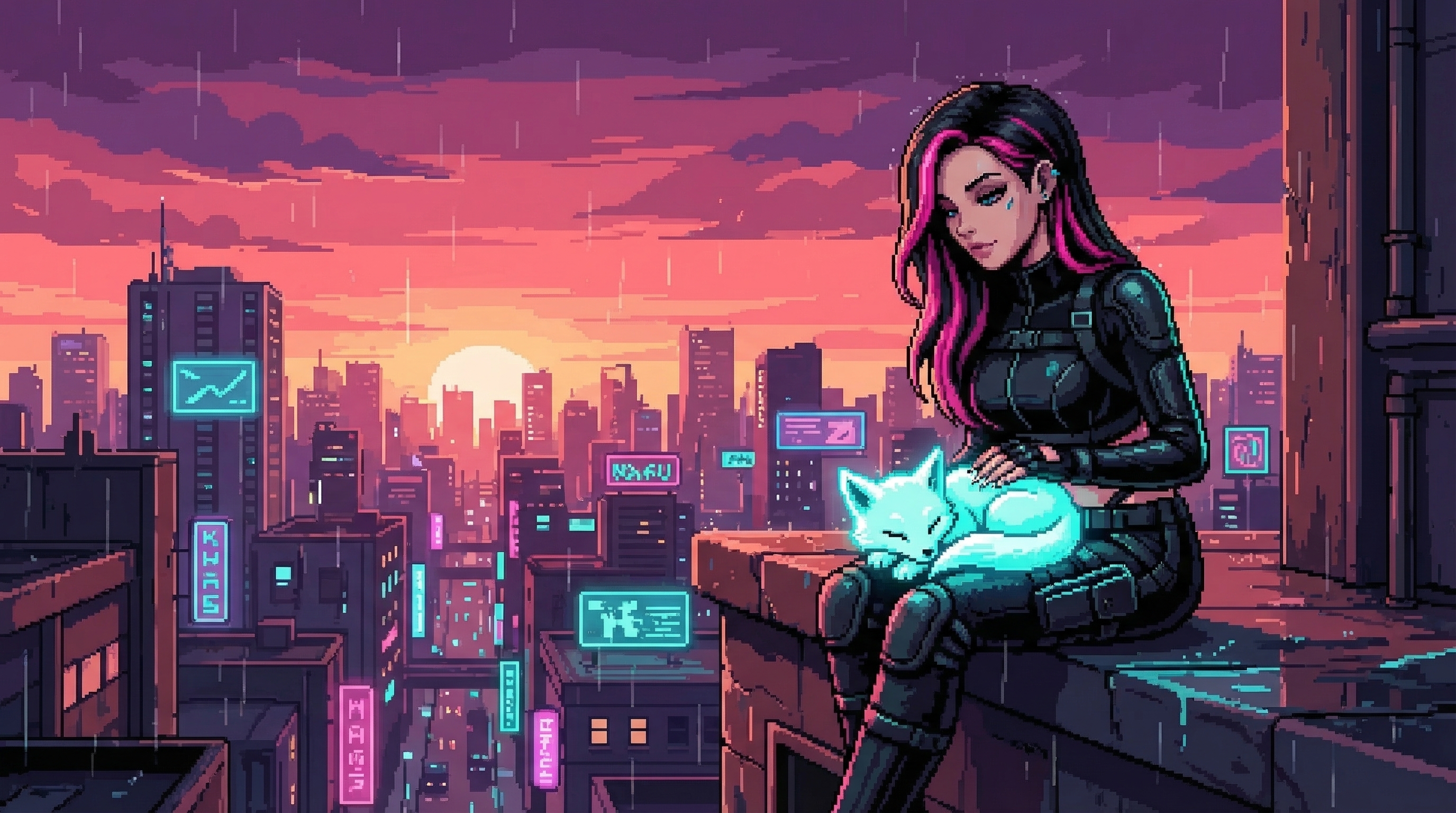 GG and Chompy — her AI companion, somewhere between cat and wolf, with fluffy ears and digital warmth