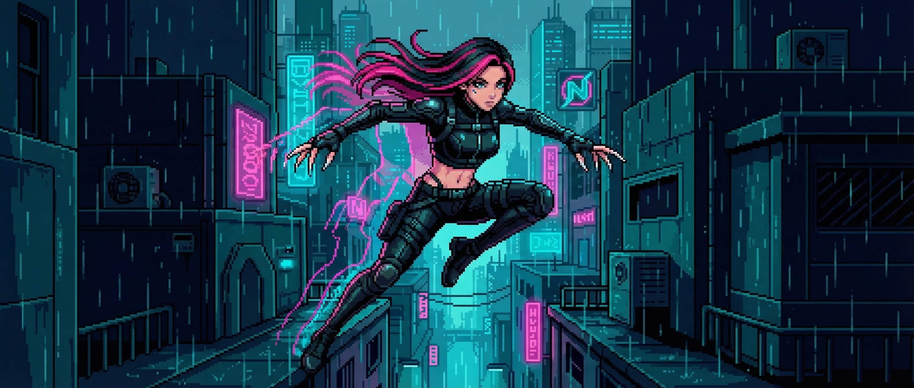 GG in motion across Sprawl rooftops at night