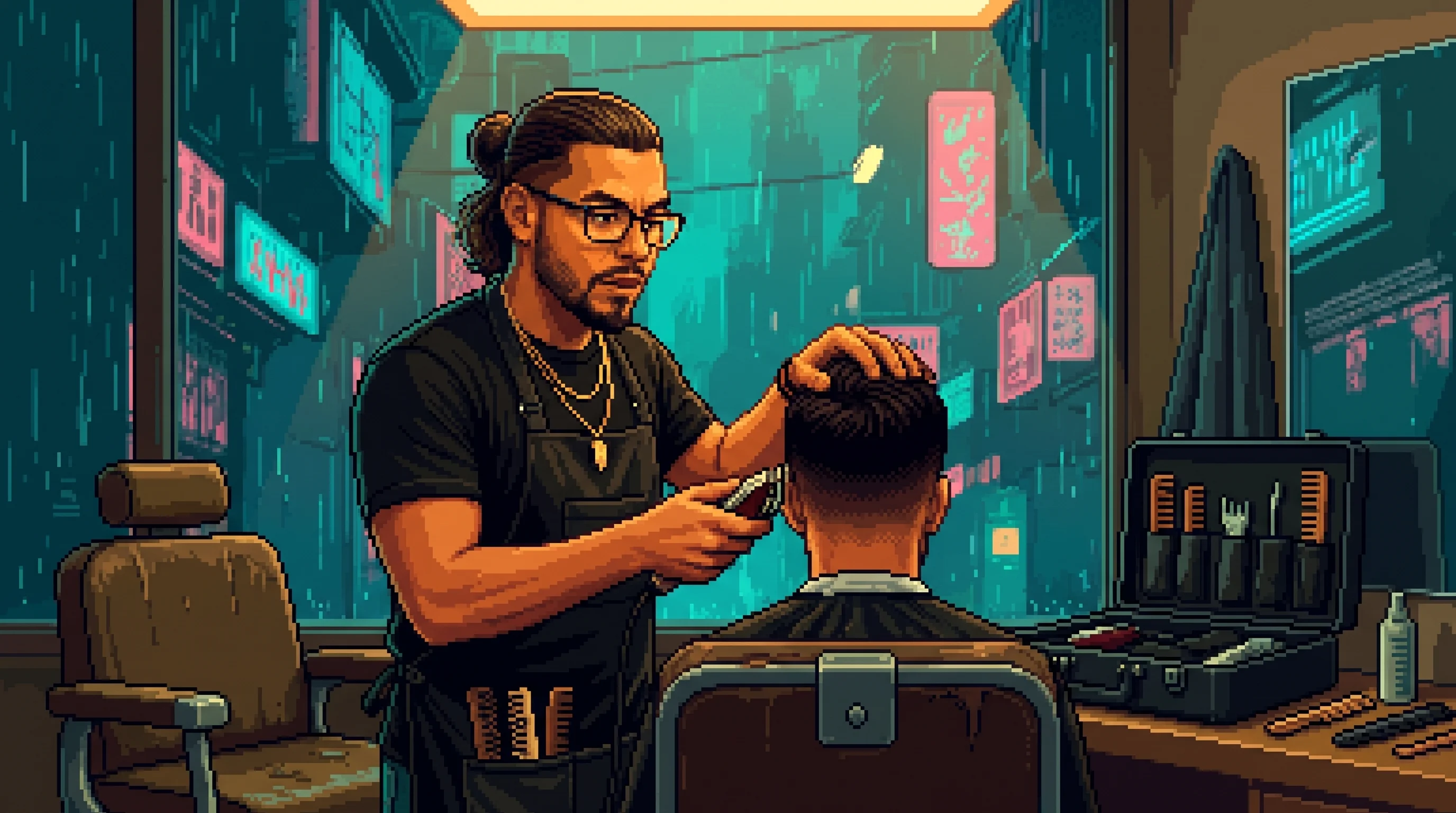 Gucci gives a client a precise fade with analog clippers while his open black tool case rests on the counter.