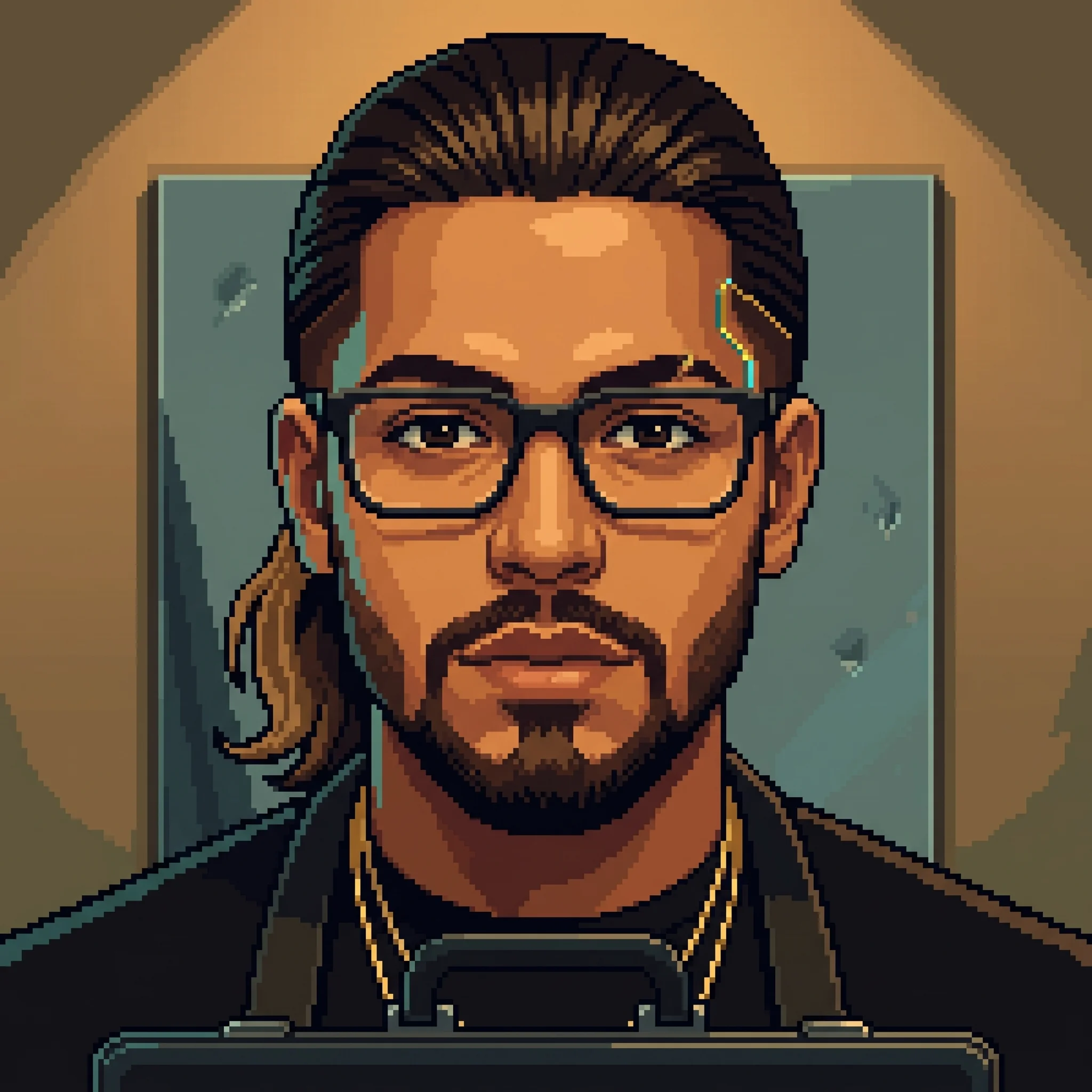 Close headshot of Gucci in black glasses, tied hair, shaped beard, and two gold chains.