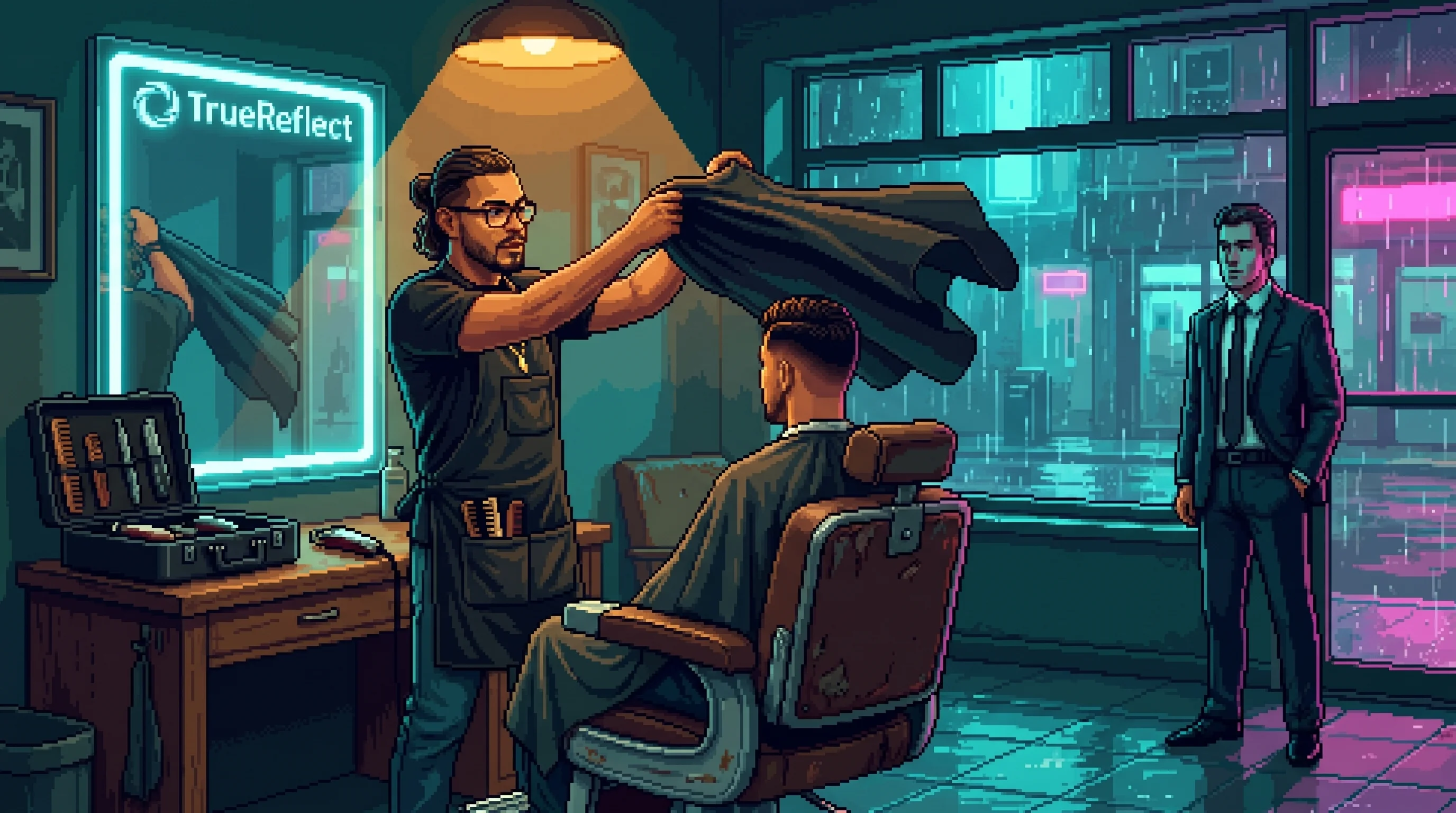 Gucci covers the TrueReflect mirror while Coco remains in the barber chair and a Wellness Beauty representative watches.