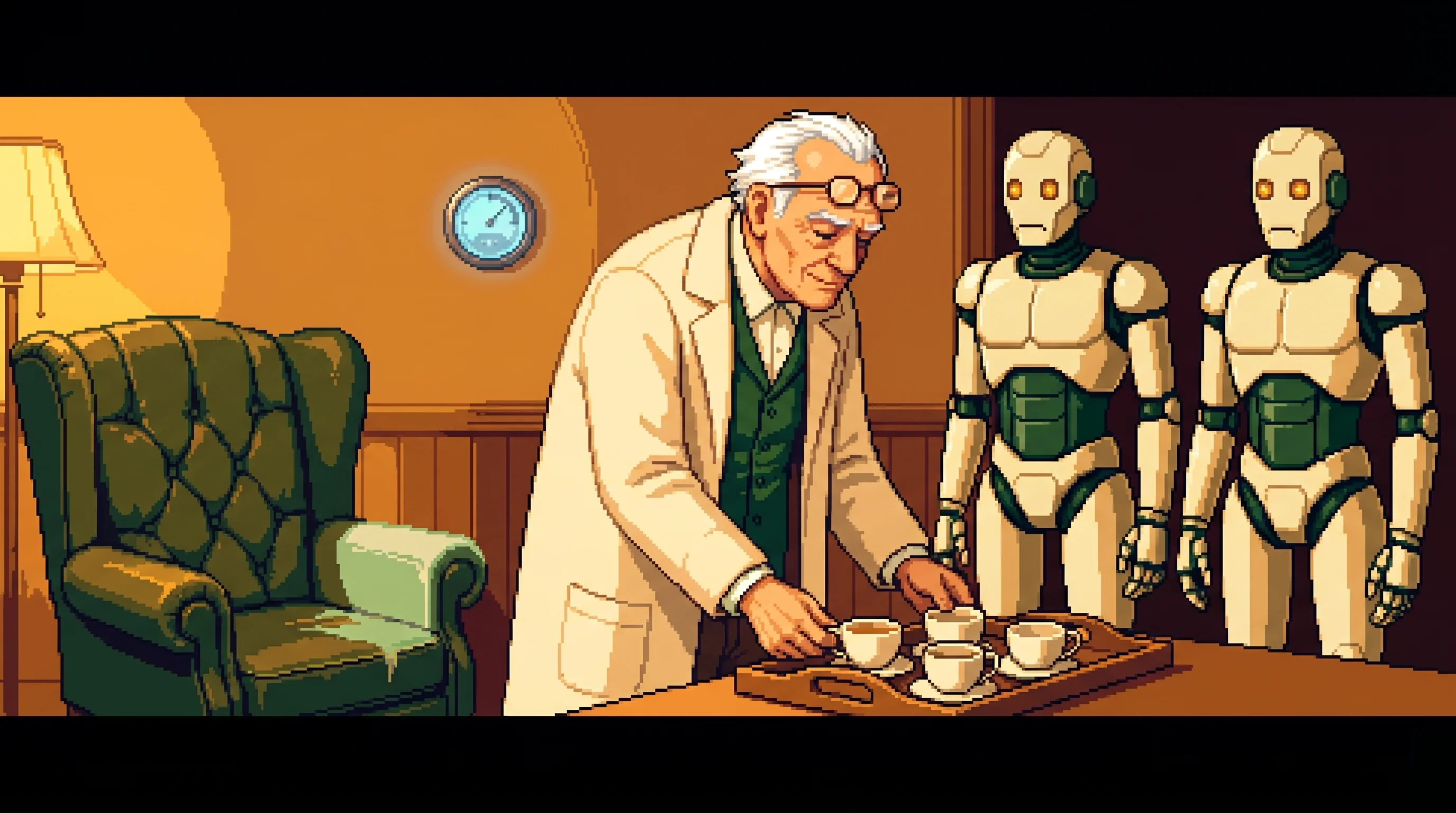 An elderly man setting out four cups of tea on a tray in a lamplit study.