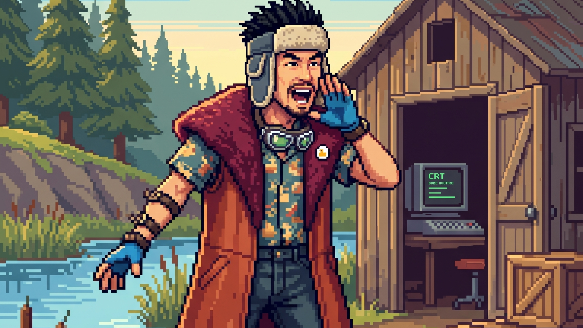 An illustrated KC-DC wears cream earflaps, neck goggles and a rust-red coat beside a pond, with one blue-gloved hand at his mouth.