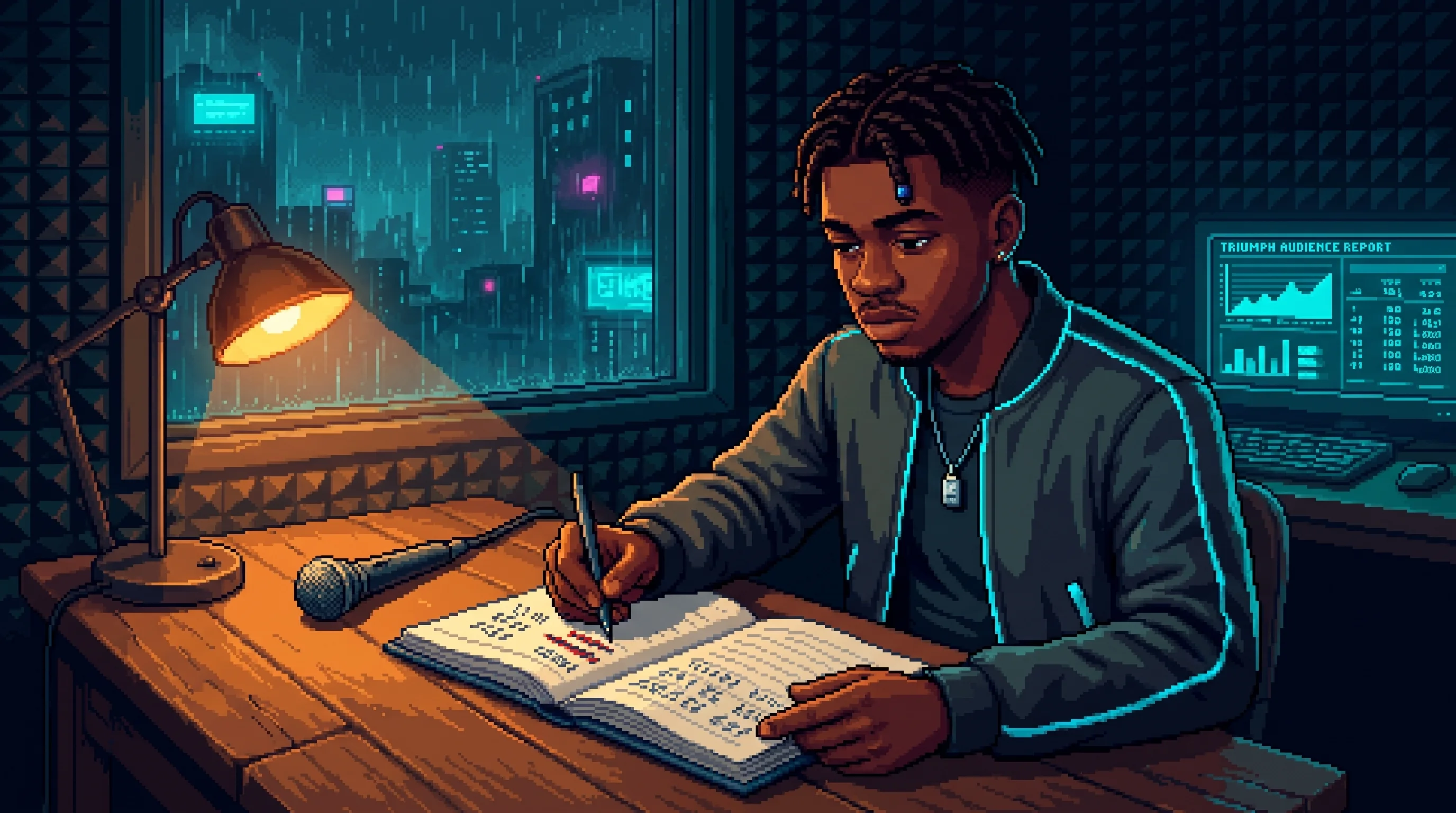 Lil Nos crosses audience figures out of a paper lyric ledger while a Triumph report glows behind him.