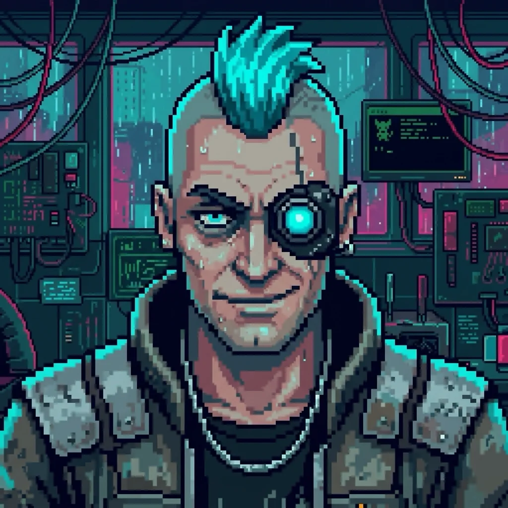 Close-up of the Tinkerer's scratched cyan cybernetic eye
