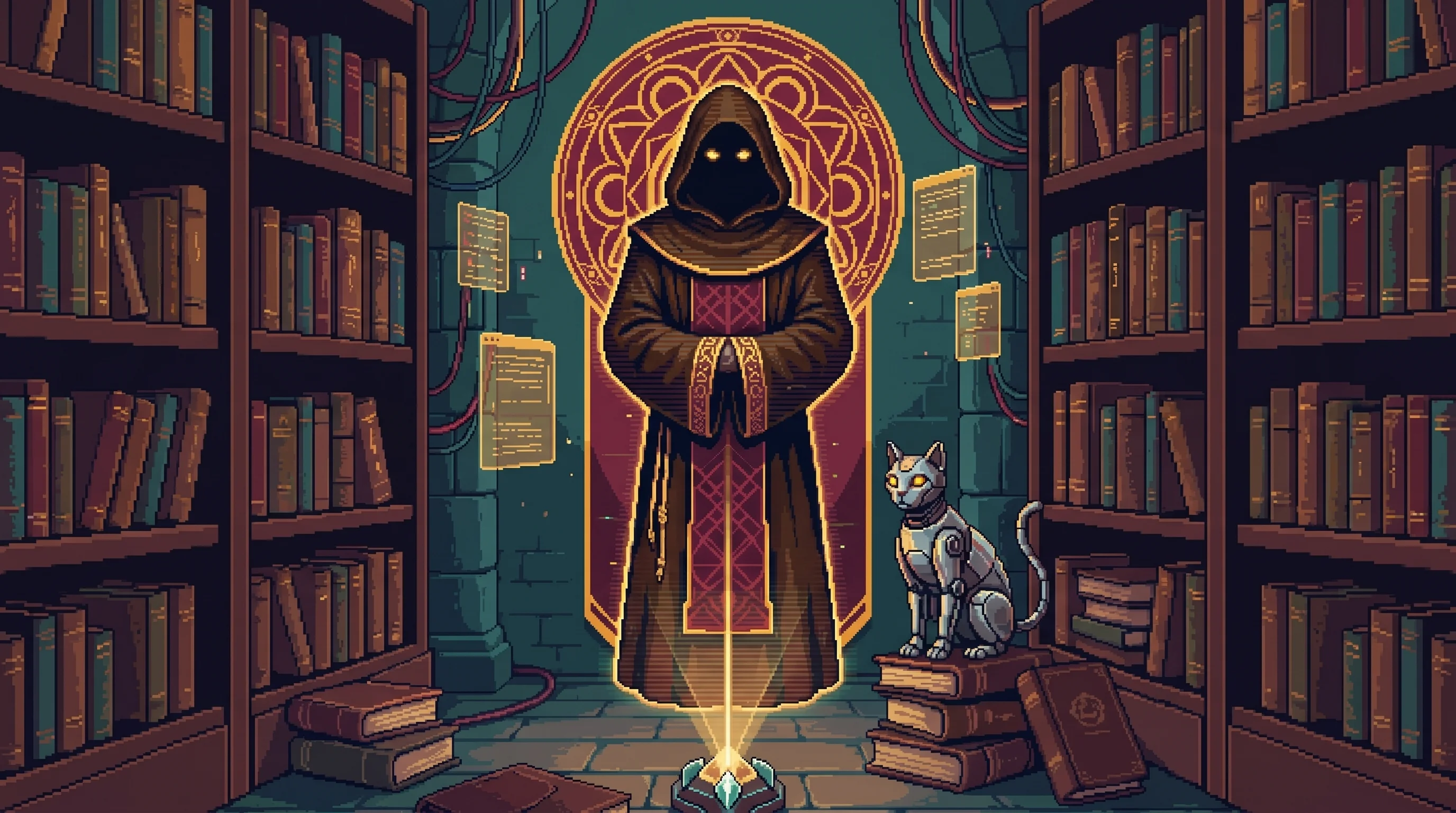 The Keeper as empty brown and burgundy robes surrounded by sacred gold geometry in the Mystery Court monastery