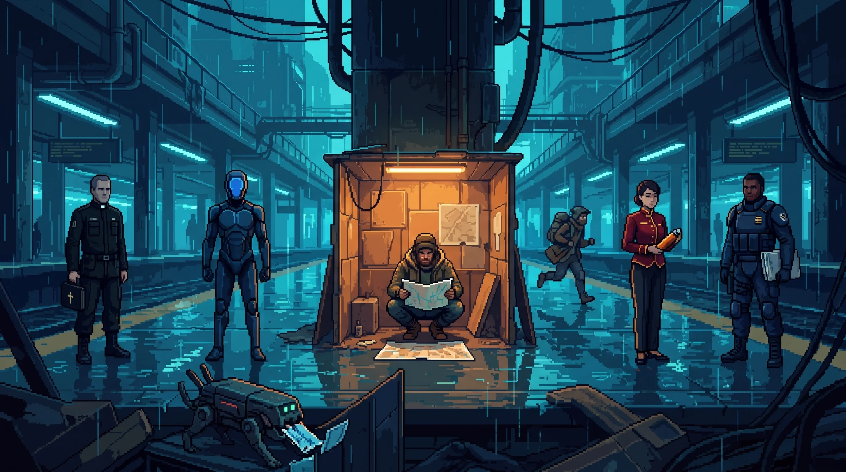 Six distinct corporate, religious, street, and machine contacts hold separate lines around a route marshal reading a paper map beside a small amber-lit shelter in a flooded cyan transit concourse.