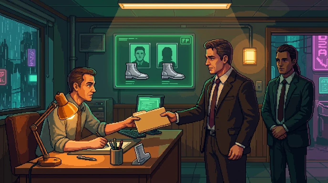 A suitor and handler face the casting clerk beneath recurring-role candidate displays.