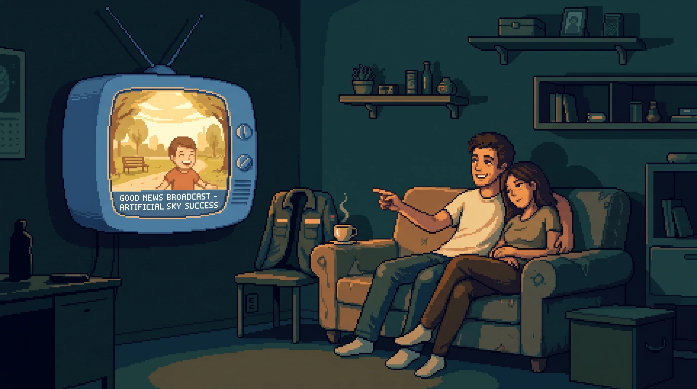 Two residents watch a cheerful park story on their home television after a shift.