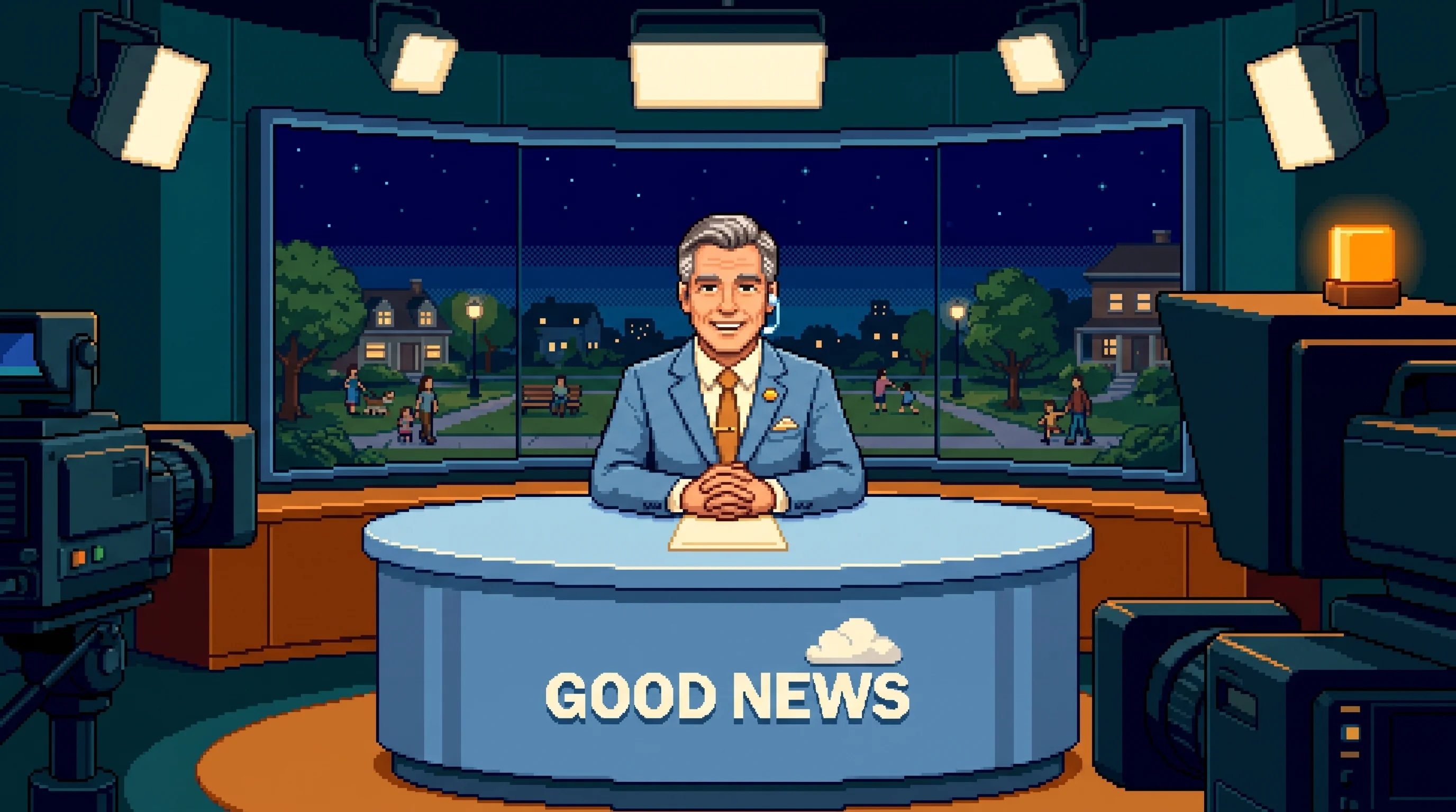 Grant Sterling smiles behind the cloud-blue Good News desk, surrounded by studio cameras.