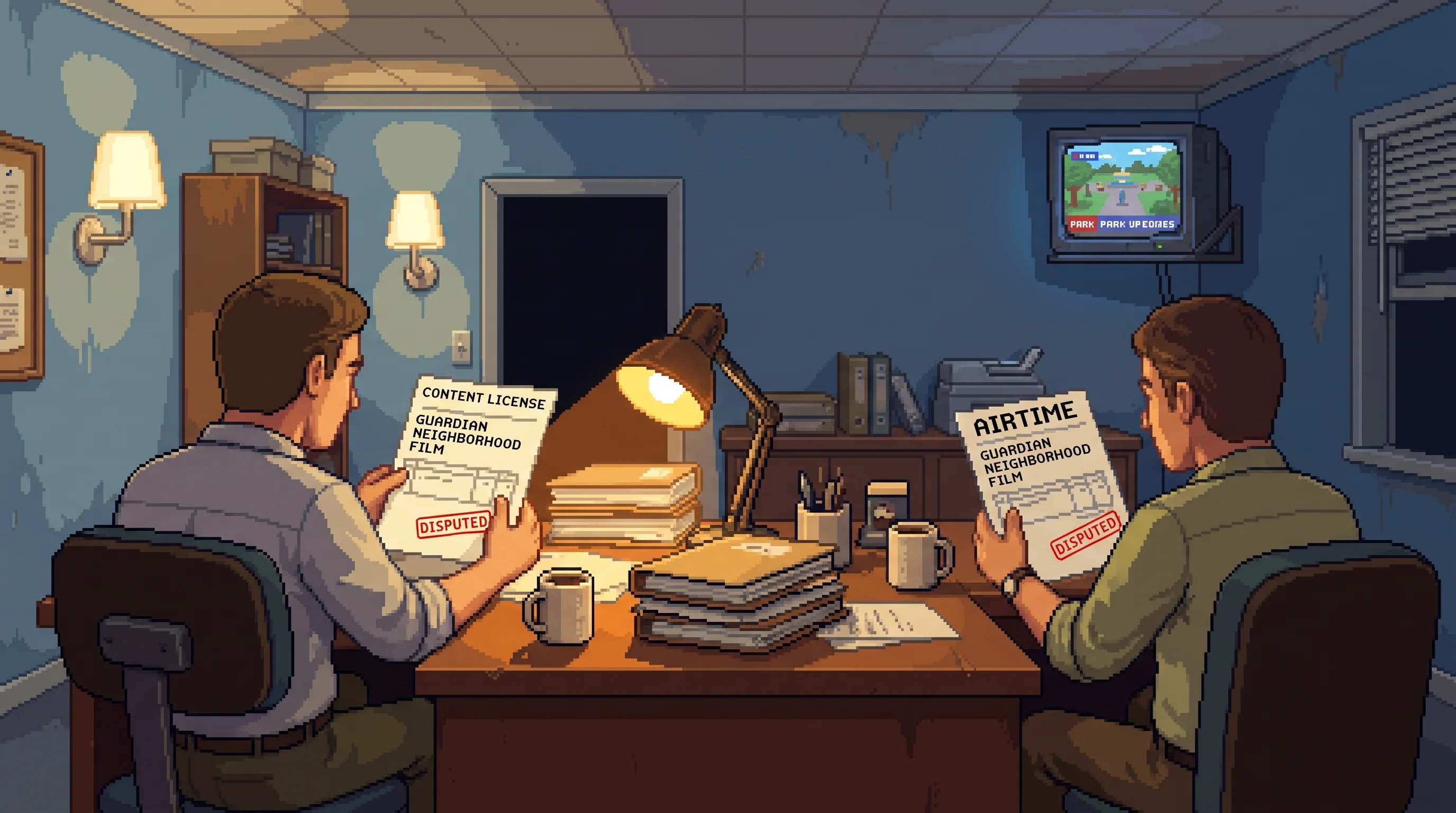 Two accounts clerks inspect a content license and an airtime invoice for the same Guardian film.