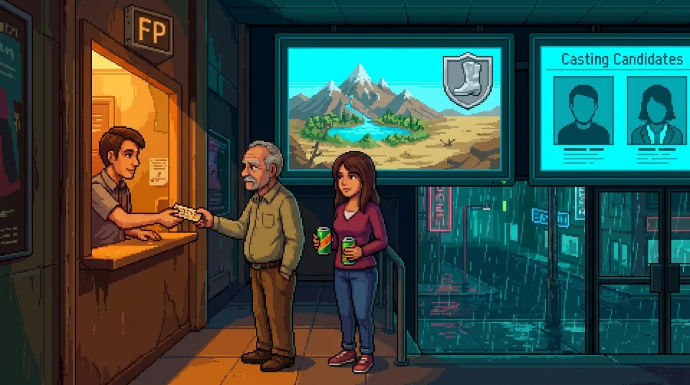 A father and adult daughter buy cinema tickets beside Quatro cans and a casting display.