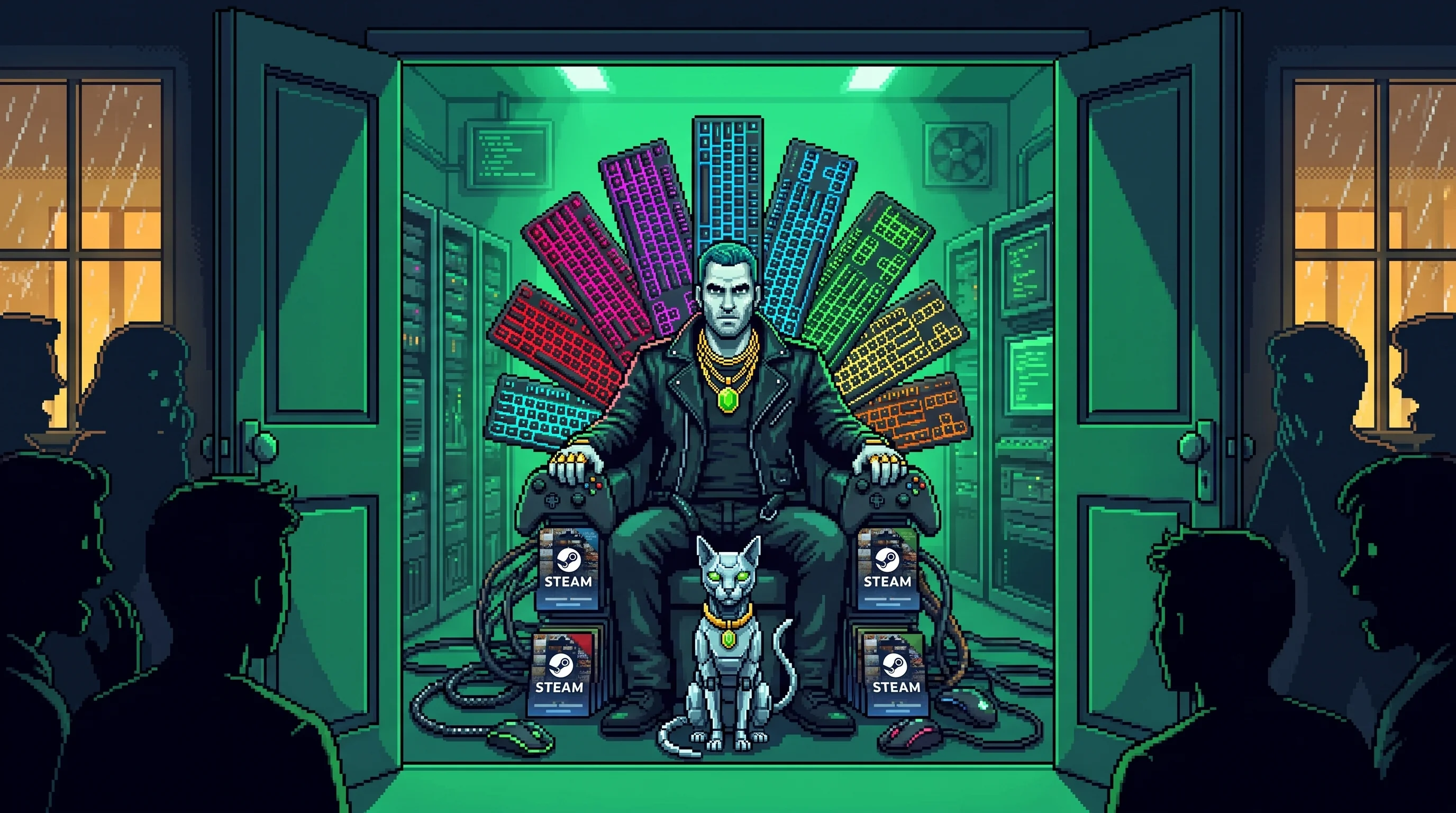 Regulars look through open storage doors at El Money seated on a throne of glowing keyboards, controllers, gaming mice, and Steam gift cards, with Ice below.