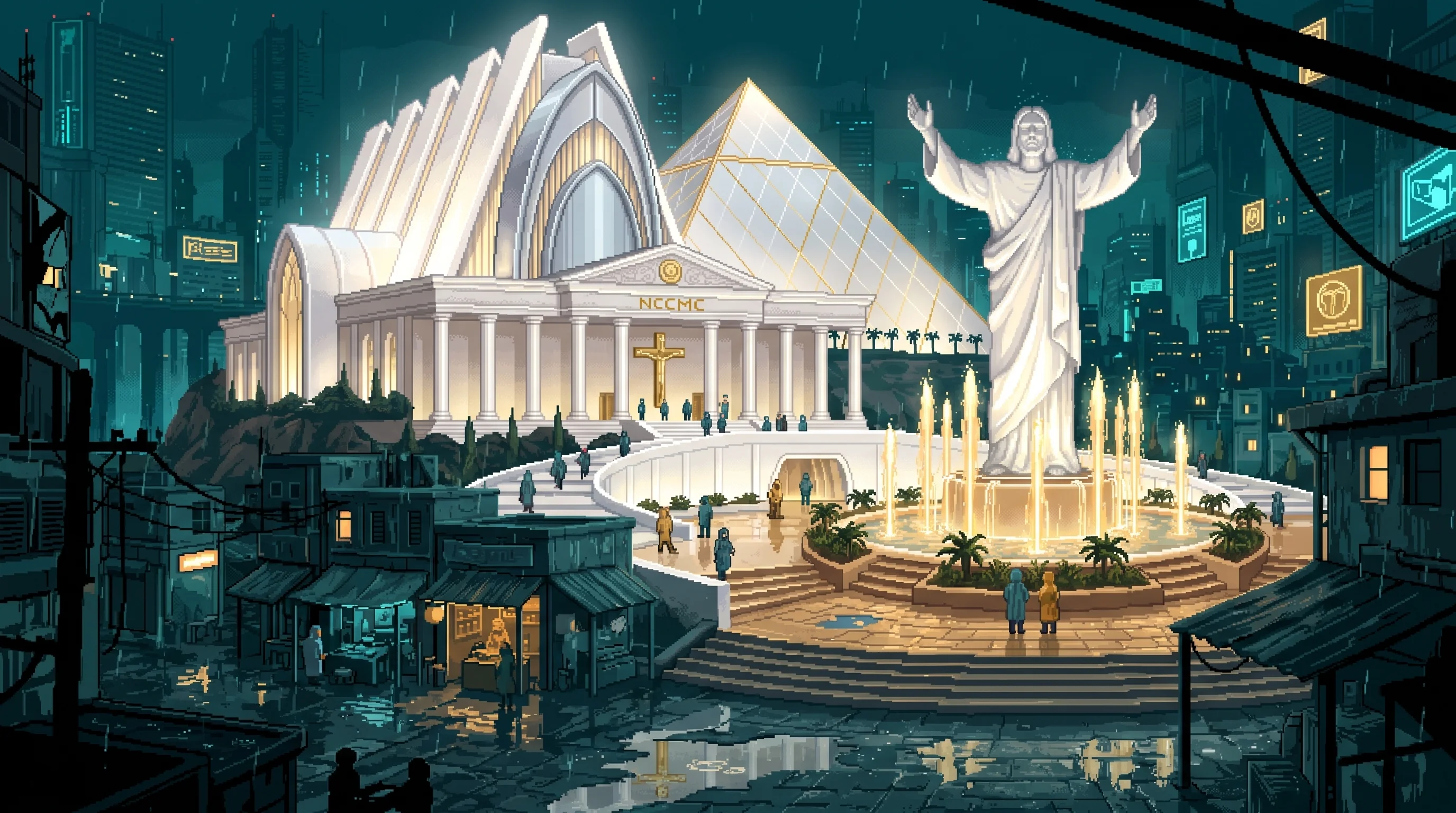 NCCMC welcomes guests beneath ivory cathedral fins and a white-and-gold pyramid.