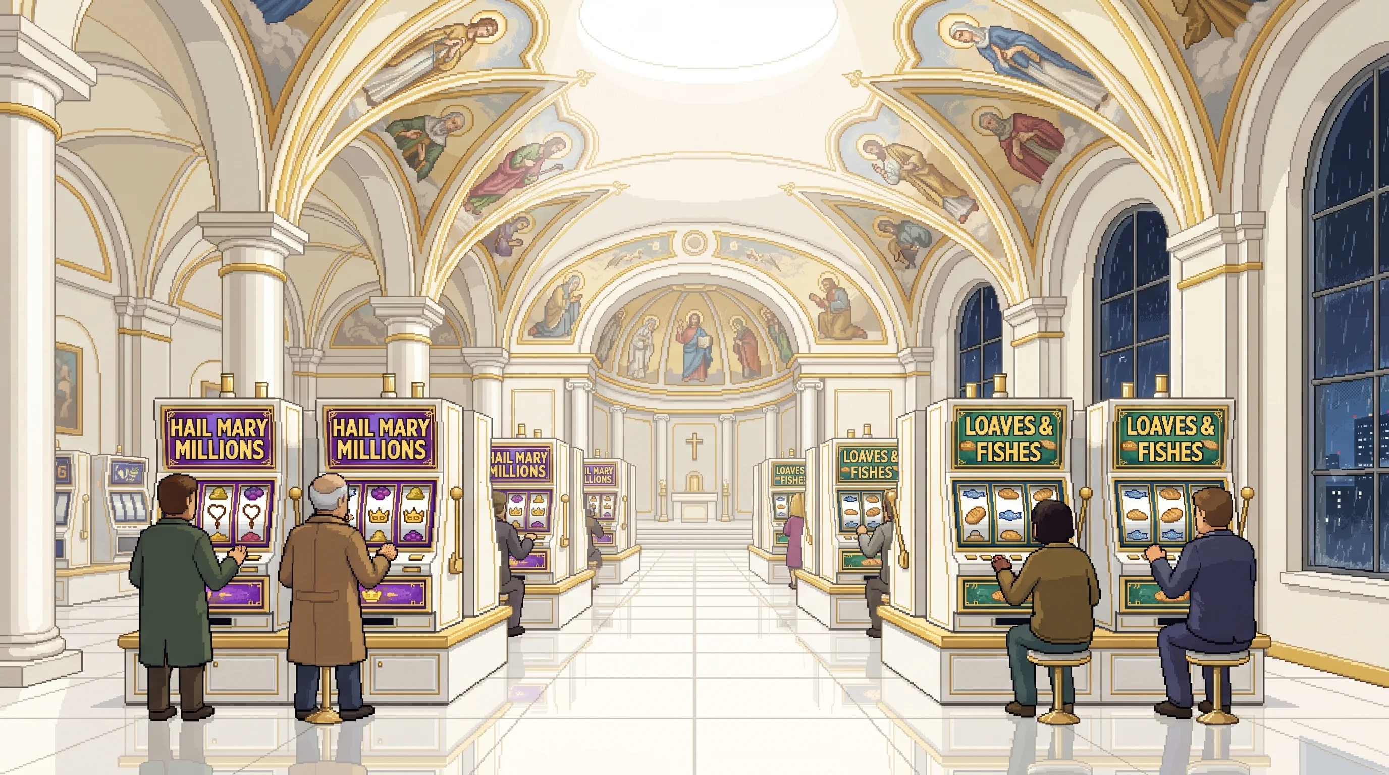 Catholic casino cabinets stand beneath painted saints.