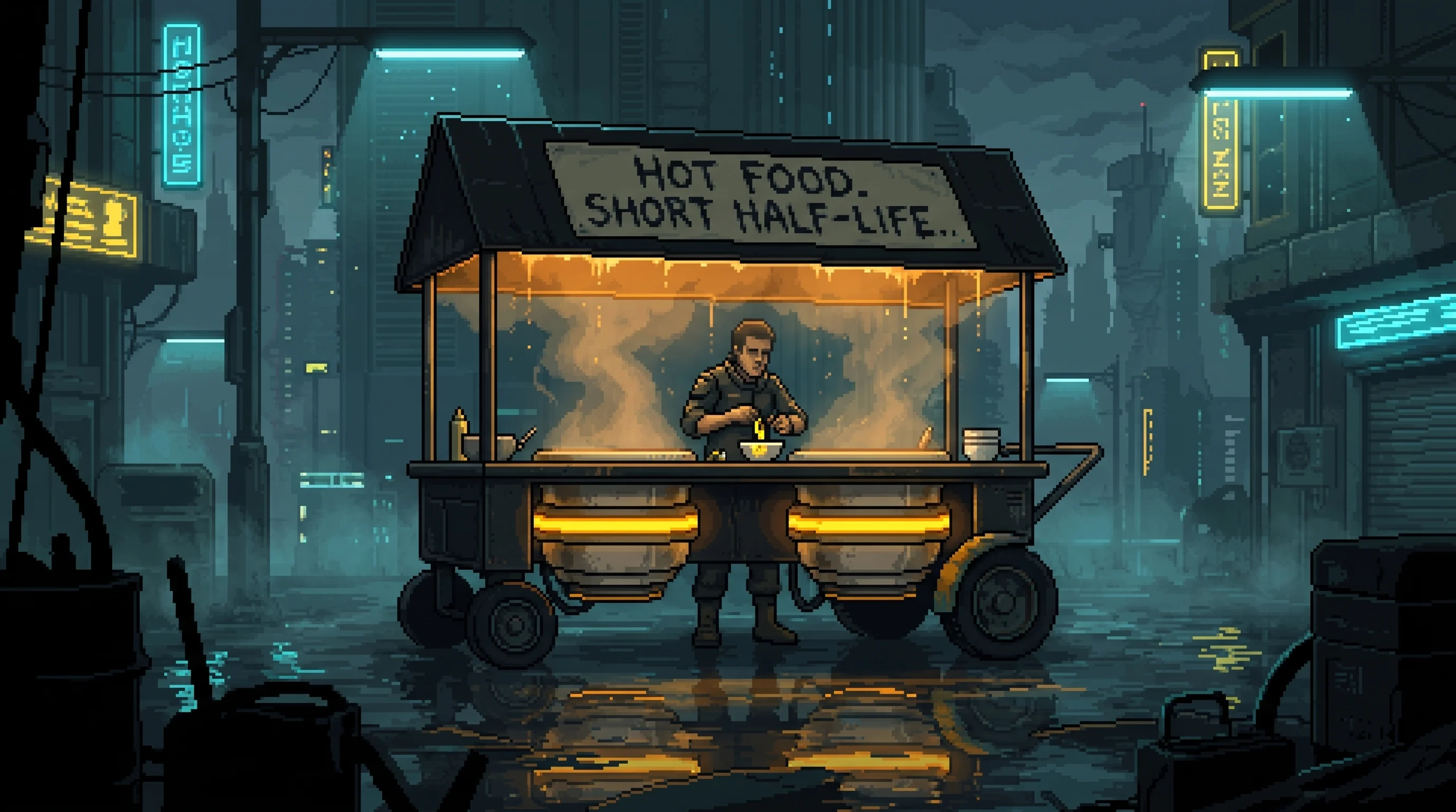 A seatless ramen cart stands in a flooded Deep Dregs service lane while its operator clips a yellow indicator strip to a bowl above two shielded reactor collars.