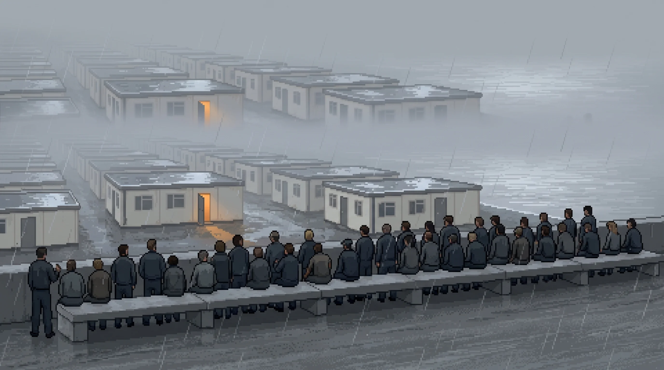 Around forty people sit along a low concrete seawall in heavy fog, all facing flat silver water, seen from behind.