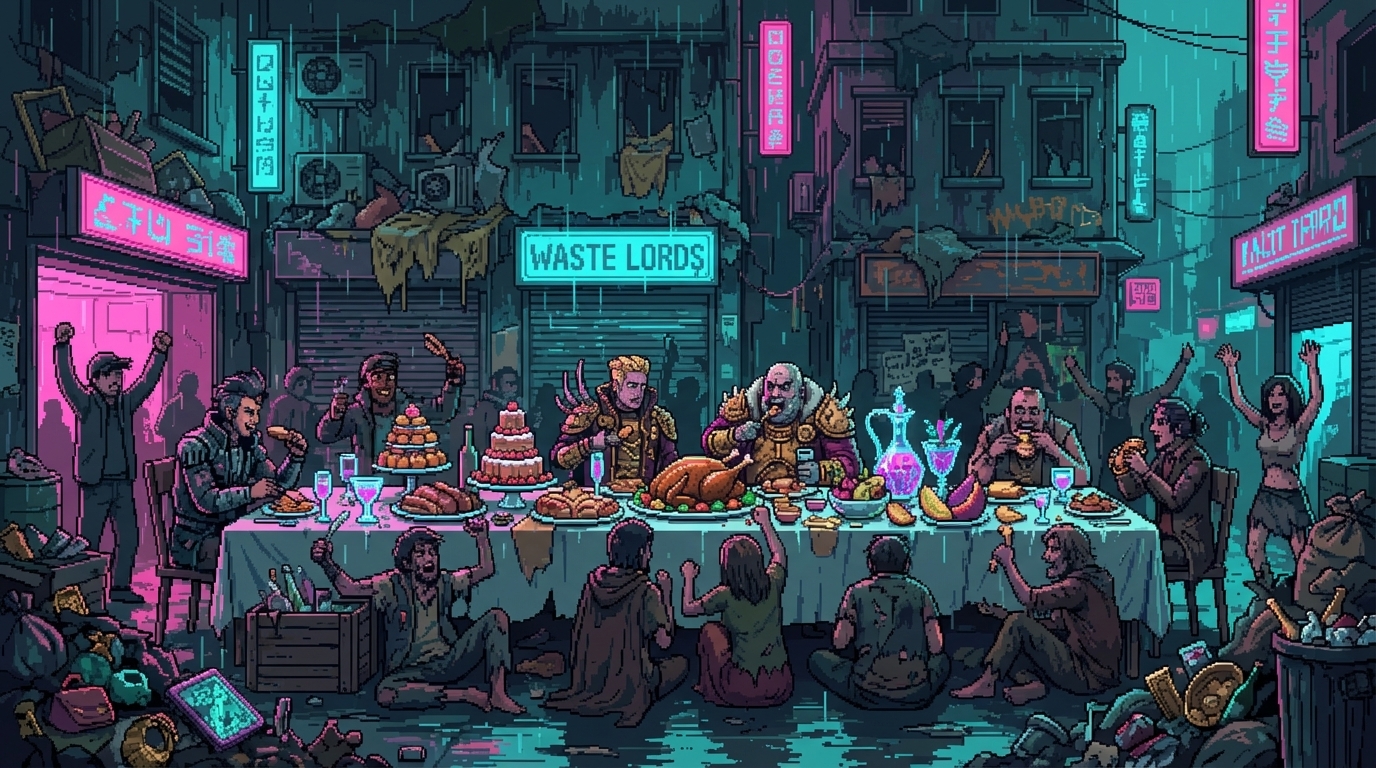Abandoned warehouse interior with a solitary figure and dog at a long table, rain and neon lights visible through broken windows