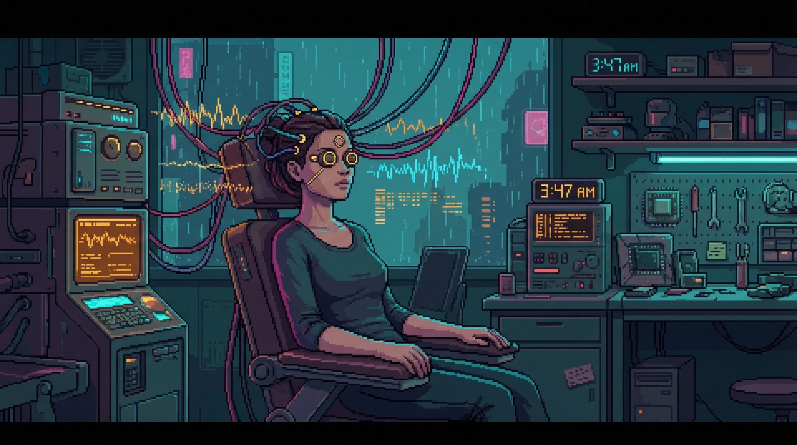 A woman sits motionless in a workshop chair, neural interface cables running from the port behind her ear to diagnostic equipment. Her eyes are closed, her face peaceful, while holographic readouts display cascading brainwave patterns around her head.