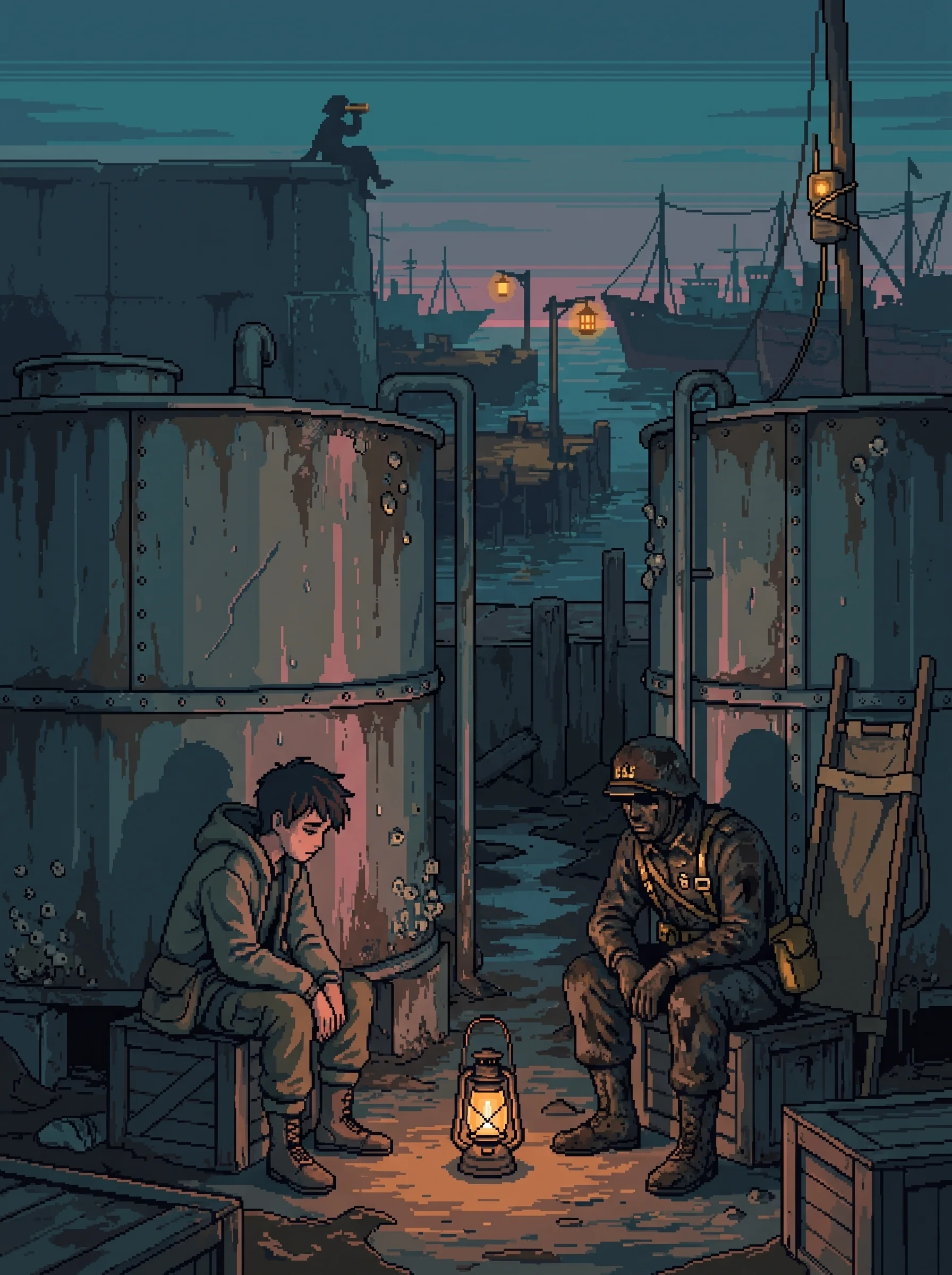 Dario and Teo speak alone behind the seawall tanks while Teo waits for the next crossing.