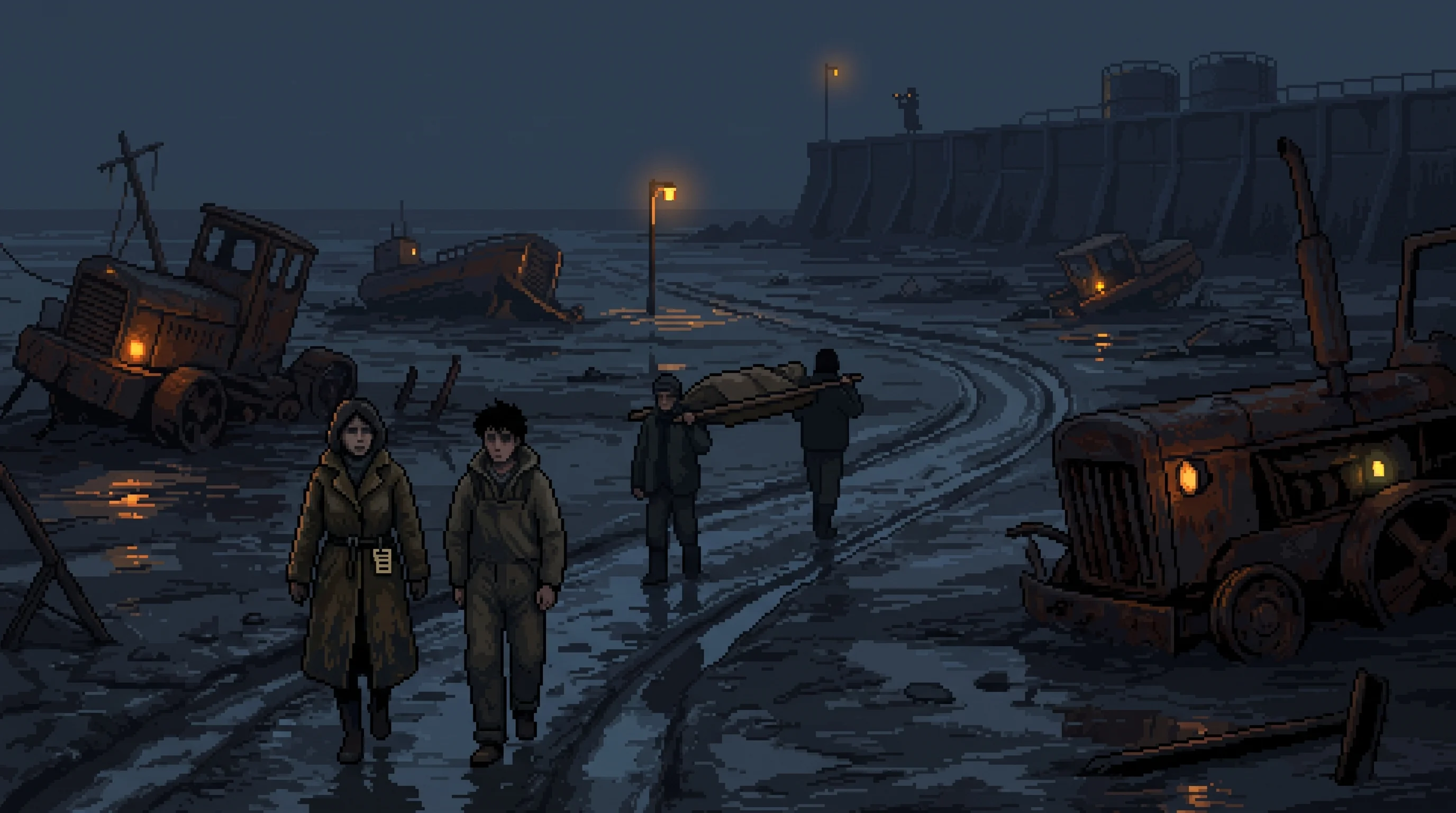 By full dark the field is mud, machines, and cart tracks — the tide's clearing finished.