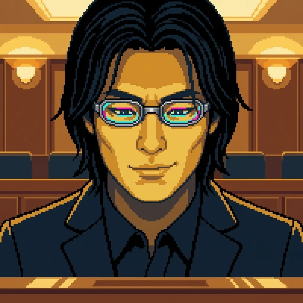 Justin Rothwell's face in testimony โ matte silver cybernetic eyes, mid-length black hair, an expression of genuine engagement