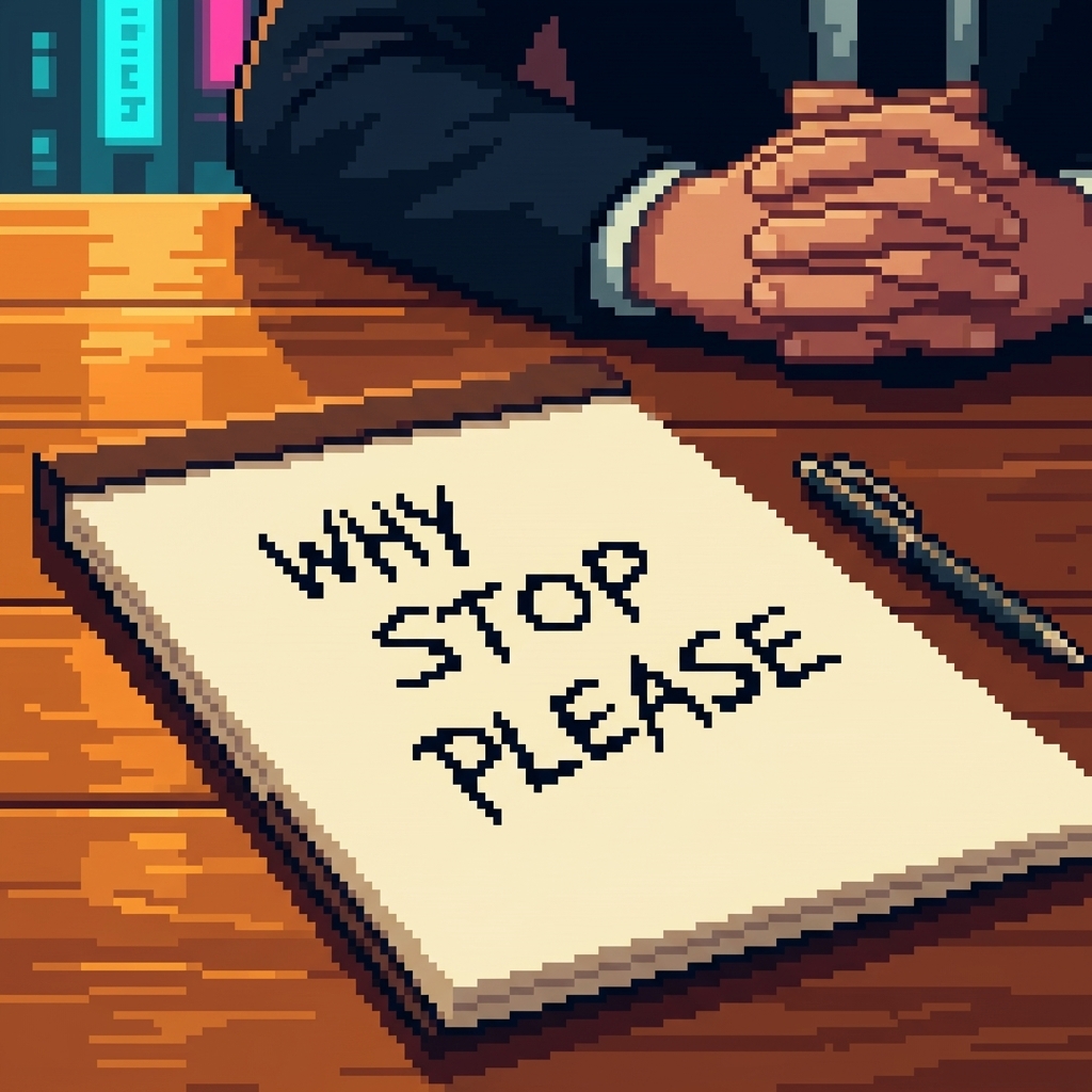 A lawyer's notepad with the words WHY STOP PLEASE scrawled in urgent handwriting