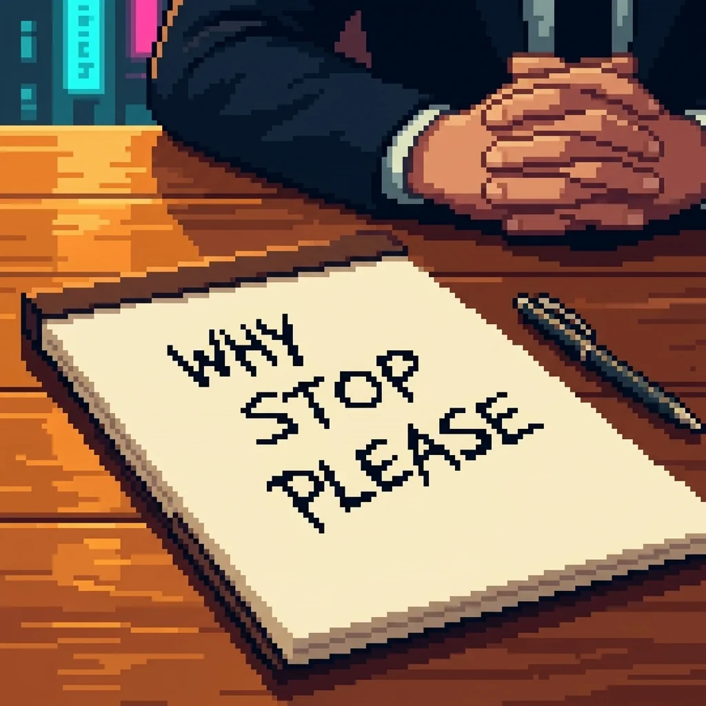 A lawyer's notepad with the words WHY STOP PLEASE scrawled in urgent handwriting