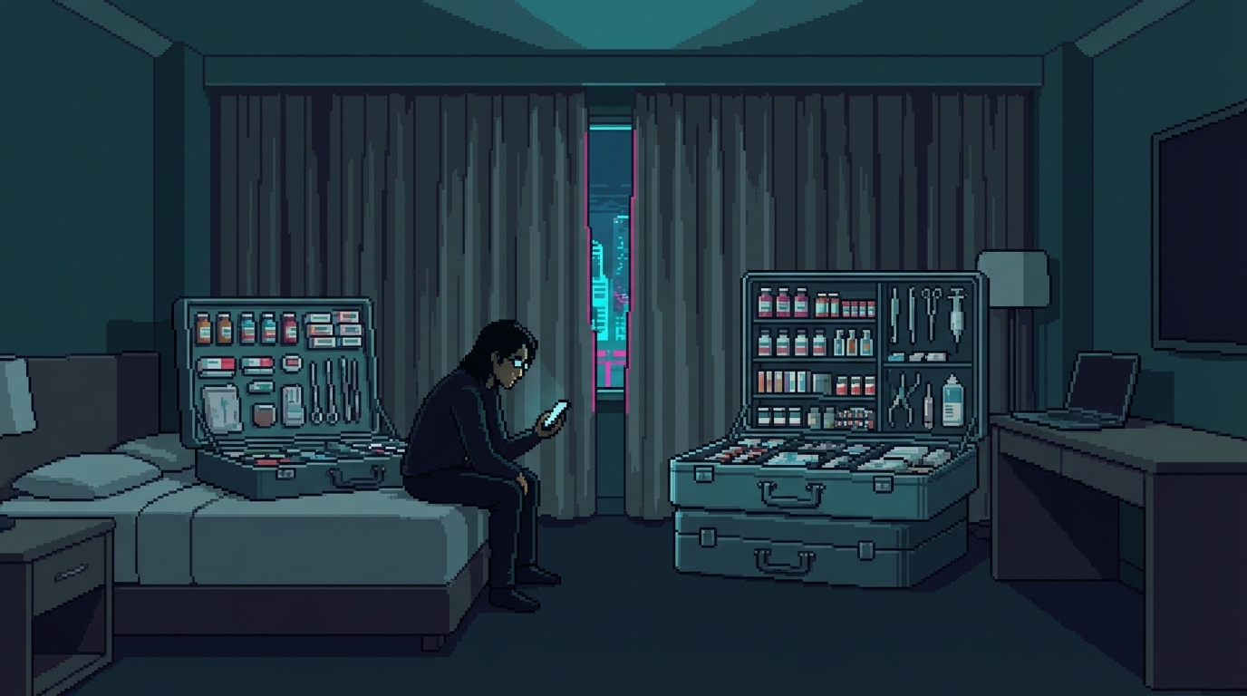 A Sector 7 hotel room โ the pharmacy case open on the bed, contents arranged in precise rows, antiseptic light